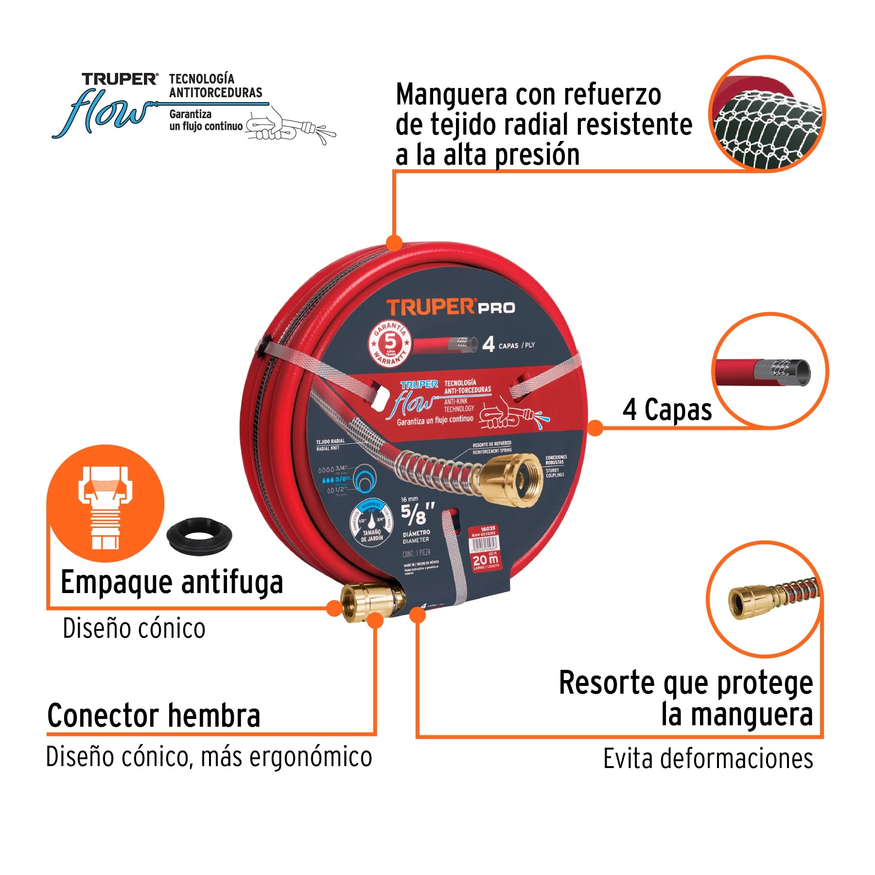 Manguera 5/8" super reforzada 4 capas 20 m conexiones metal