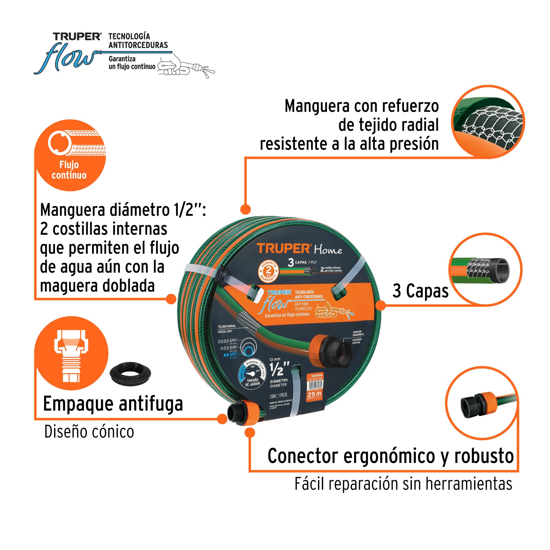Manguera 1/2" reforzada 3 capas 25 m conexiones plásticas