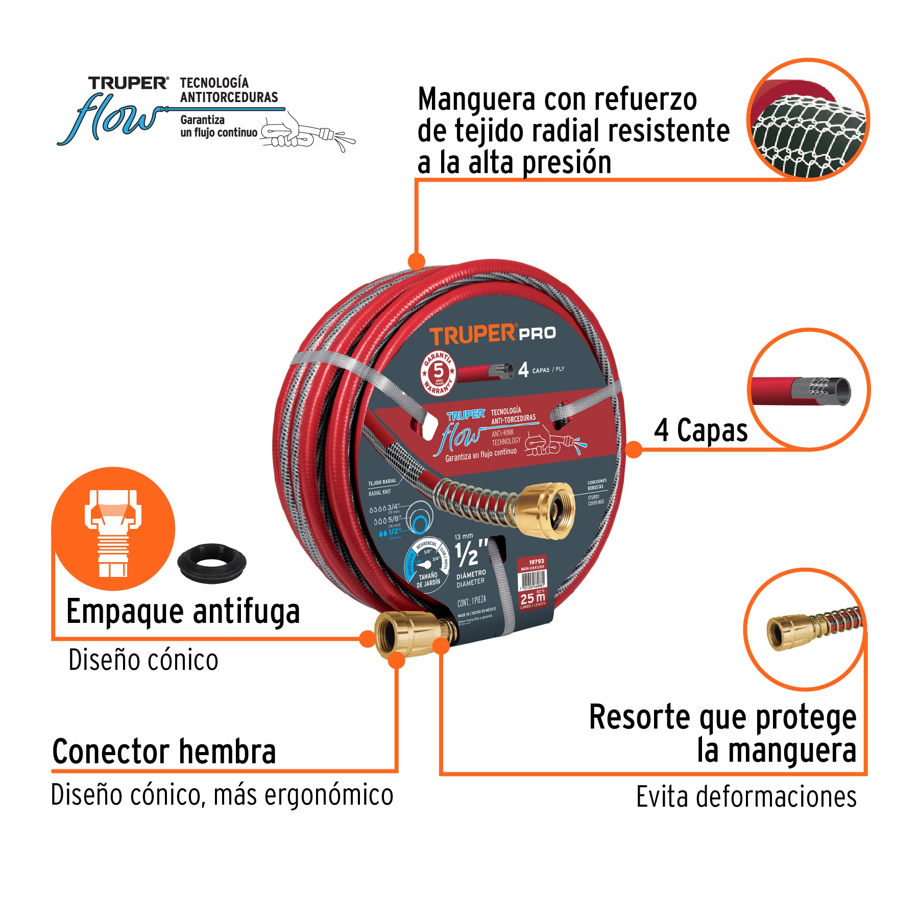Manguera 1/2" super reforzada 4 capas 25 m conexiones metal