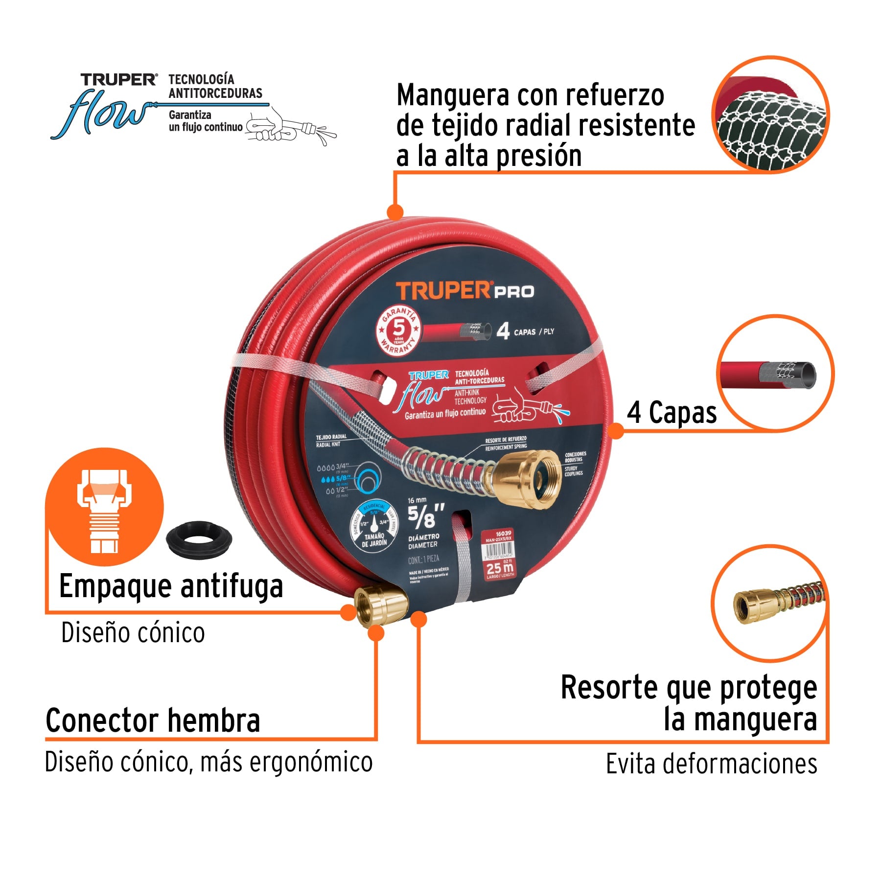 Manguera 5/8" super reforzada 4 capas 25 m conexiones metal