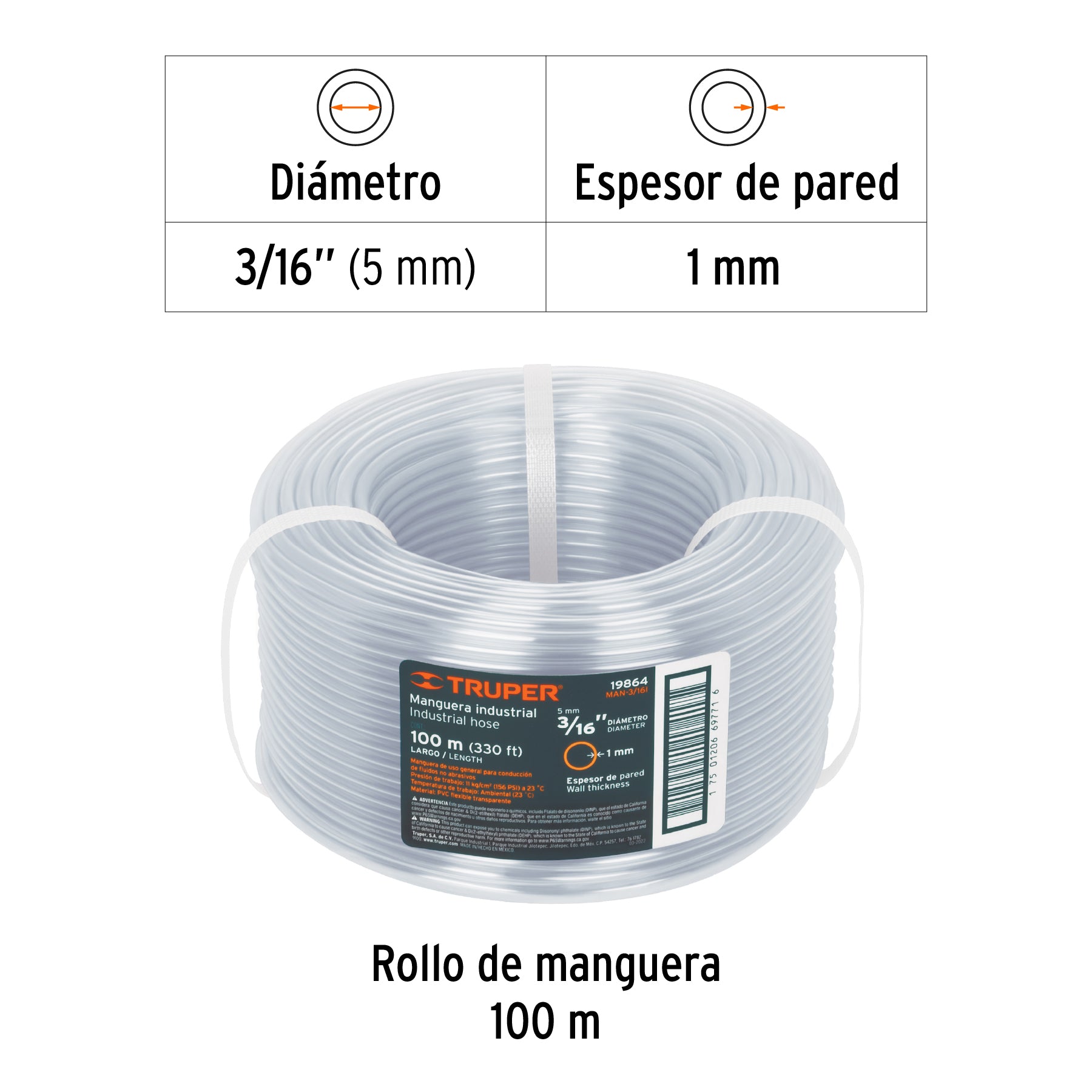 Metro de manguera 3/16" industrial en rollo de 100 m, TRUPER