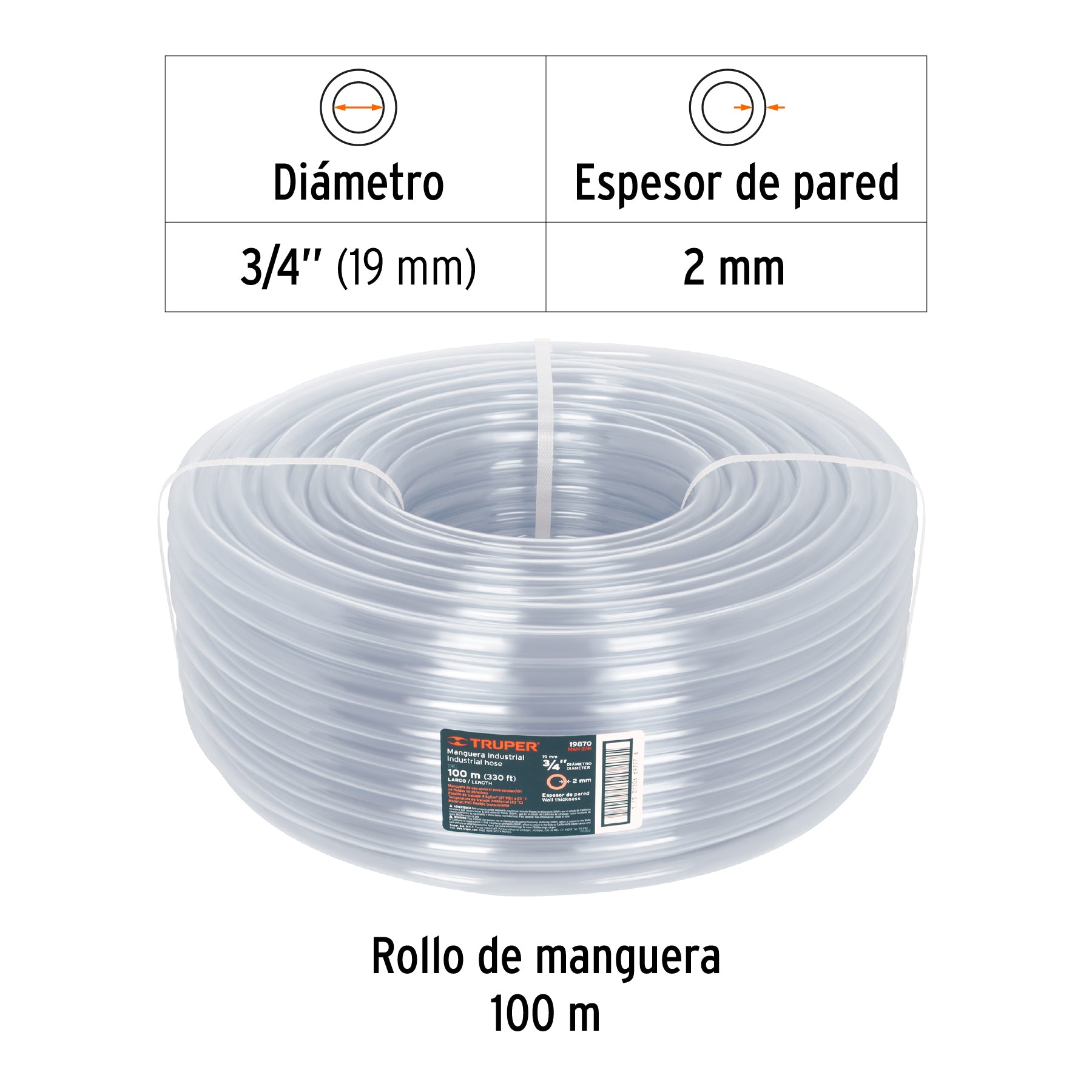 Metro de manguera 3/4" industrial en rollo de 100 m, TRUPER