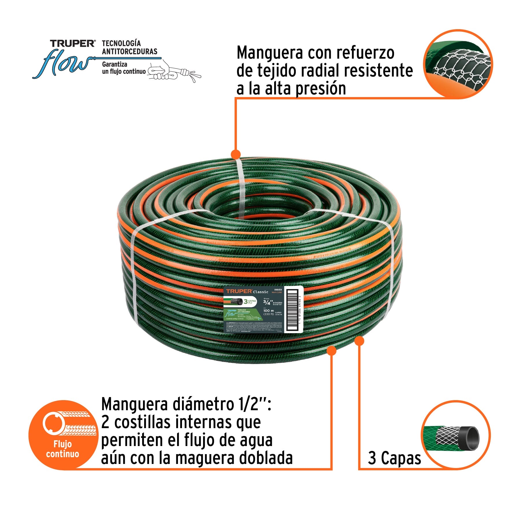 Metro de manguera 3/4" 3 capas en rollo de 100 m, TRUPER