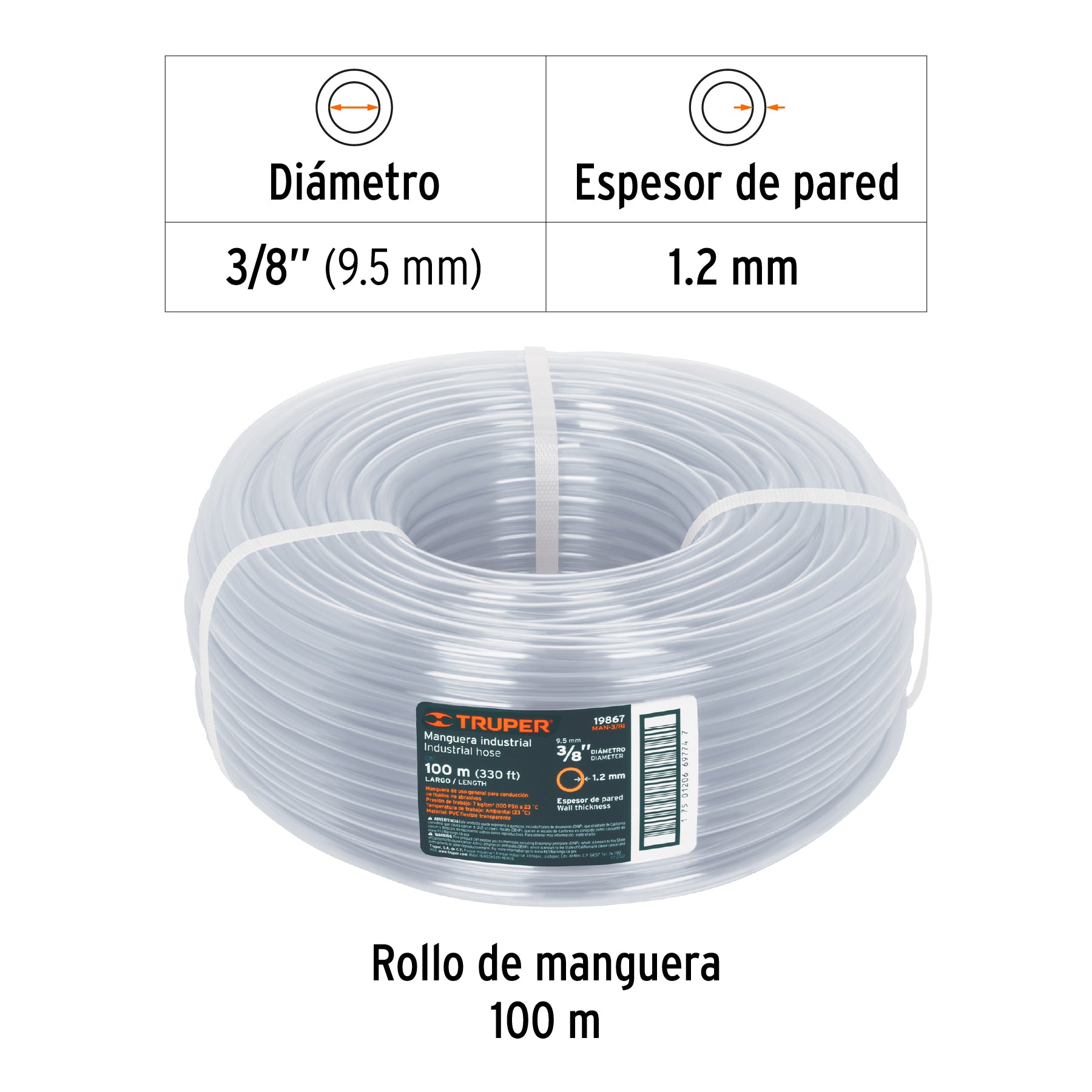 Metro de manguera 3/8" industrial en rollo de 100 m, TRUPER