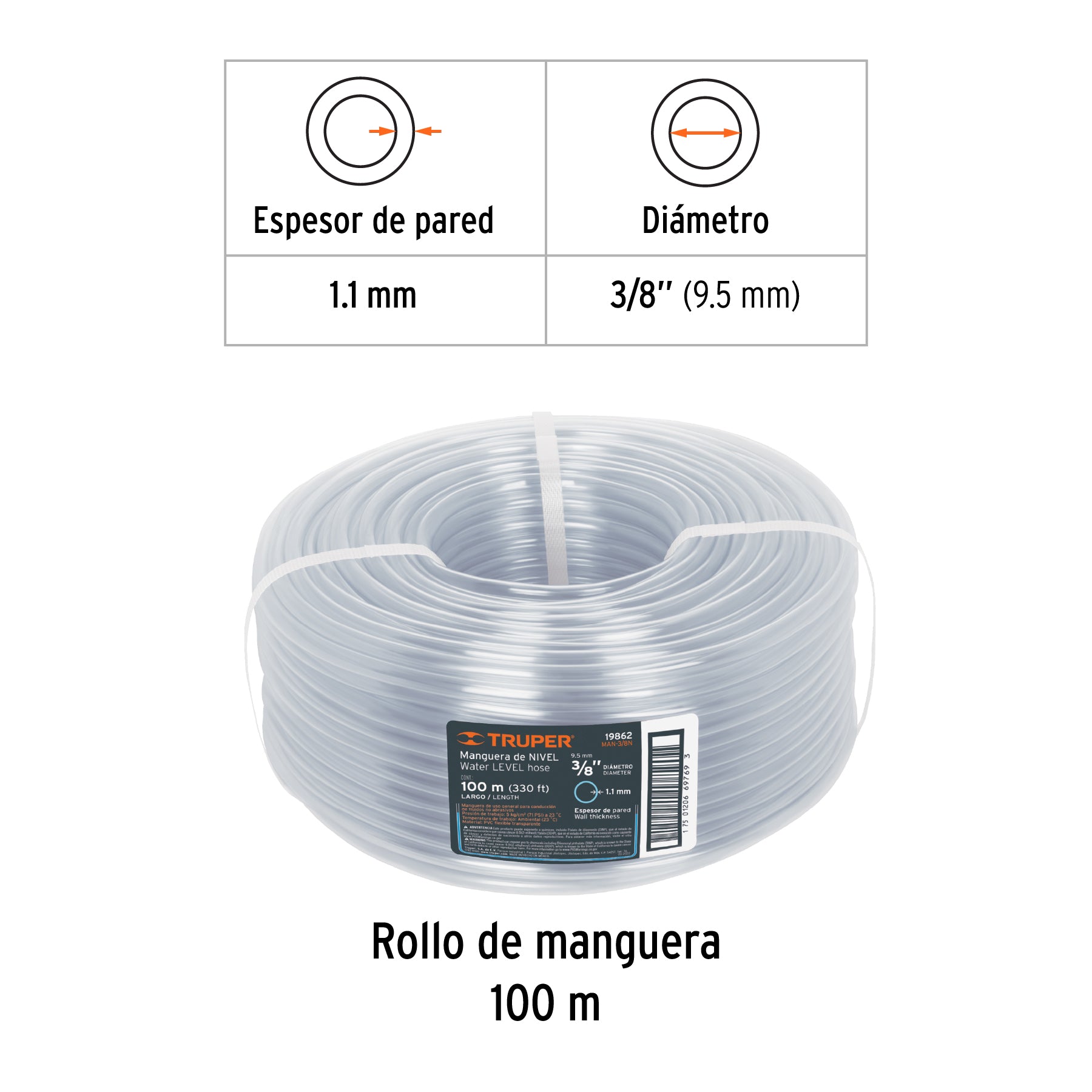 Metro de manguera 3/8" de nivel en rollo de 100 m, TRUPER