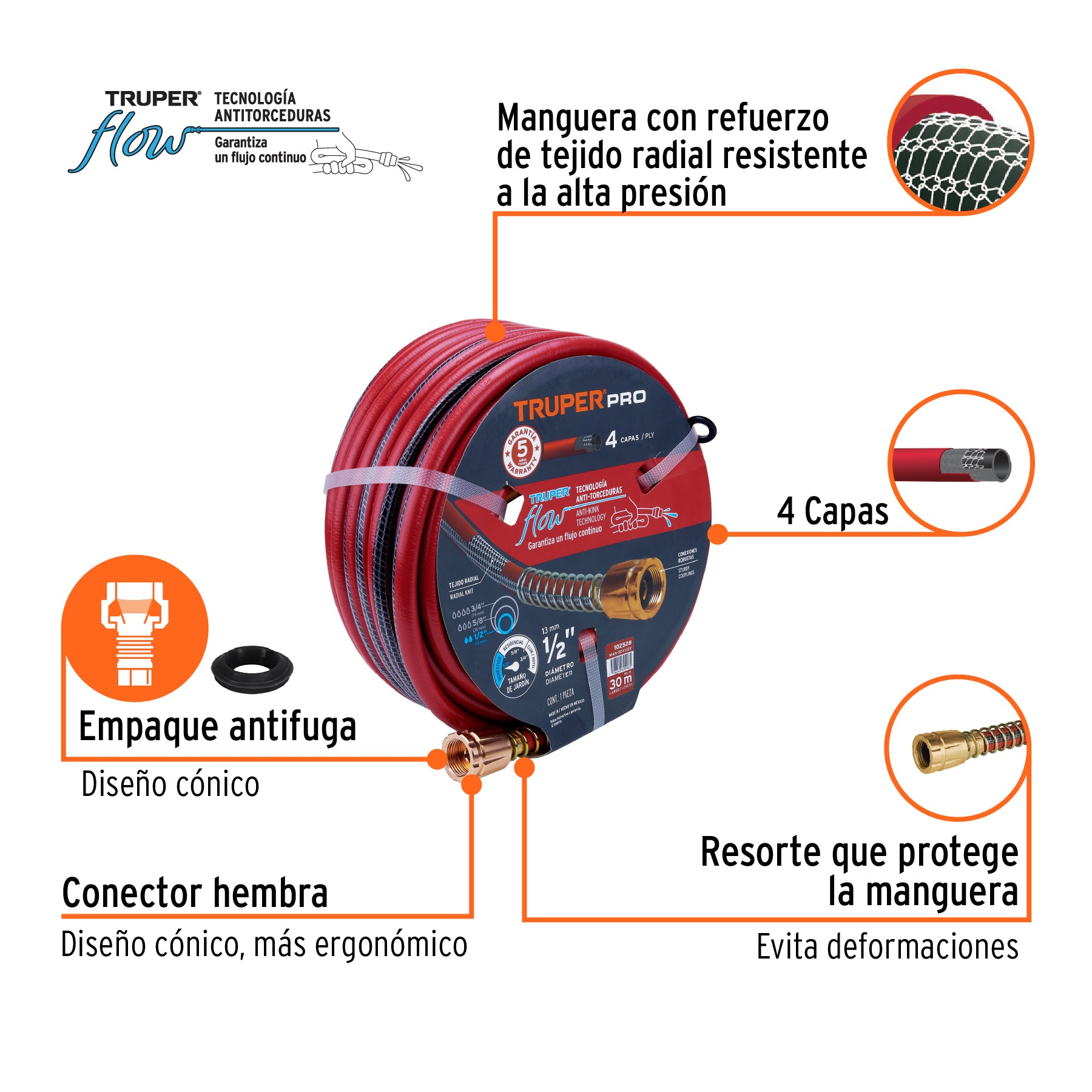 Manguera 1/2" super reforzada 4 capas 30 m conexiones metal