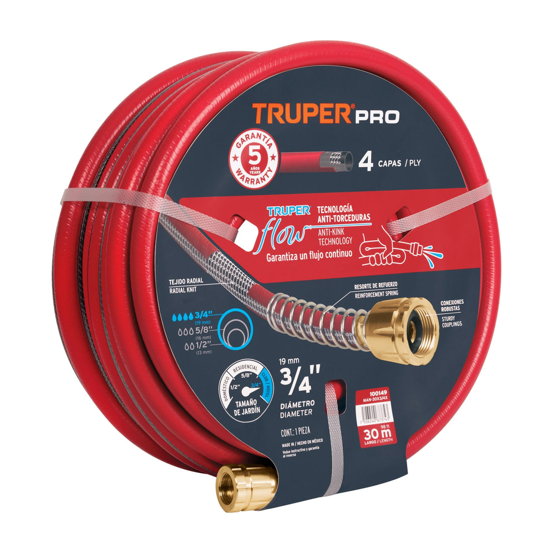 Manguera 3/4" super reforzada 4 capas 30m conexiones metal
