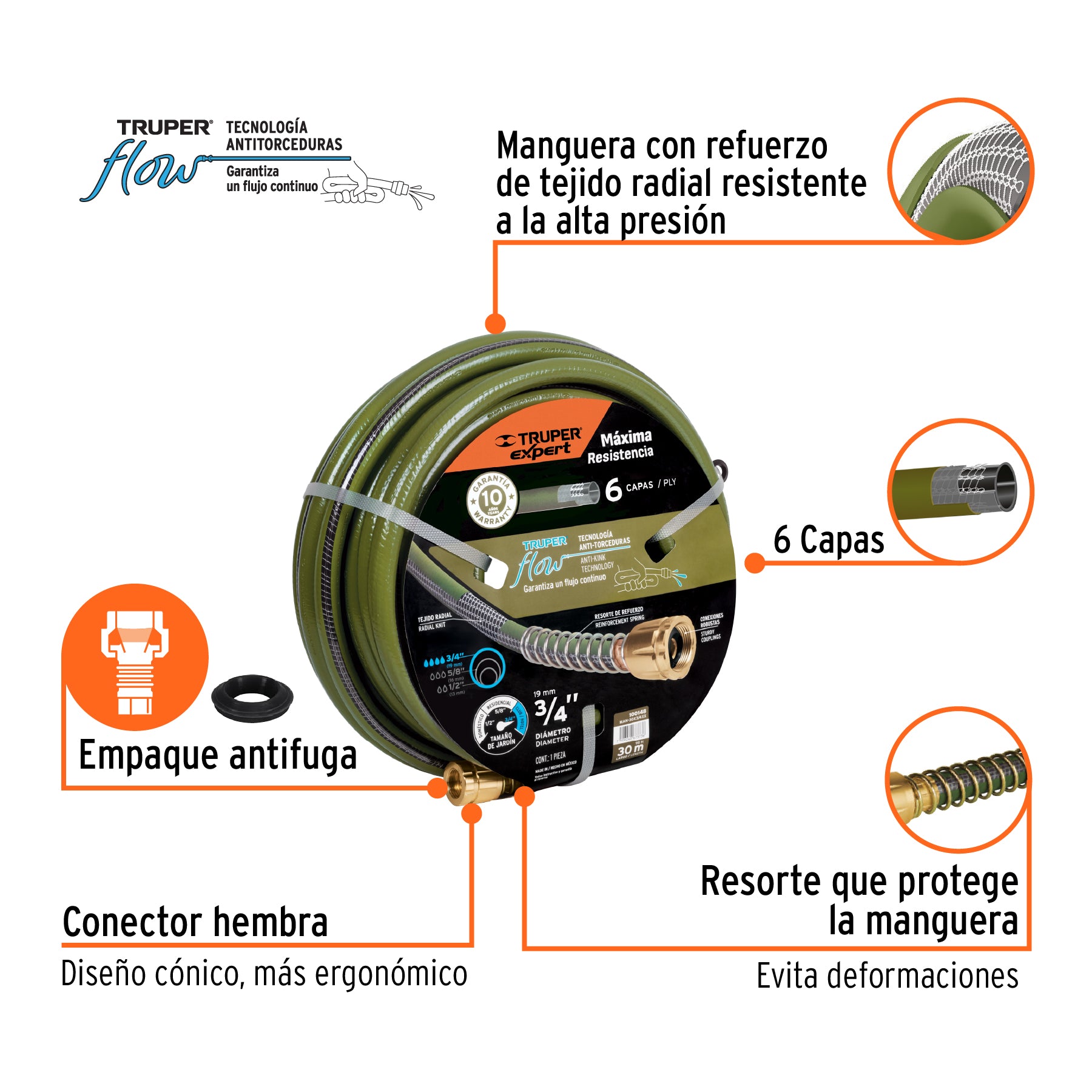 Manguera 3/4" anti-torceduras 6 capas 30m conexiones d/metal