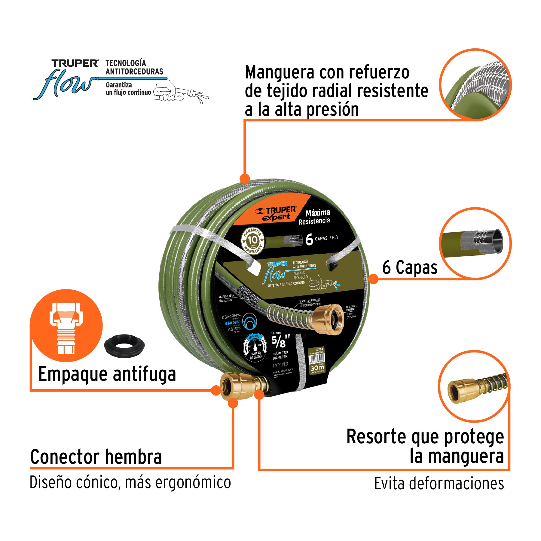 Manguera 5/8" anti-torceduras 6 capas 30m conexiones d/metal