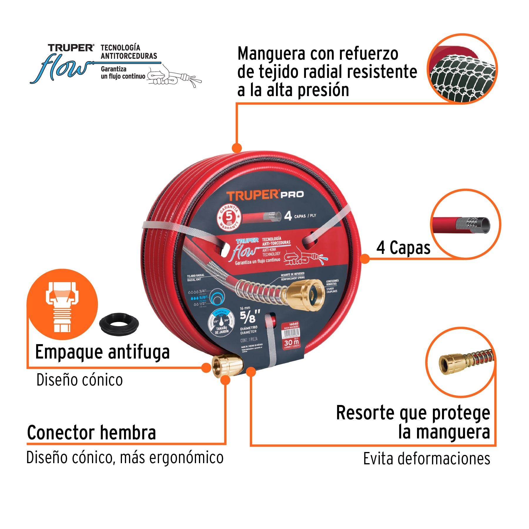 Manguera 5/8" super reforzada 4 capas 30 m conexiones metal