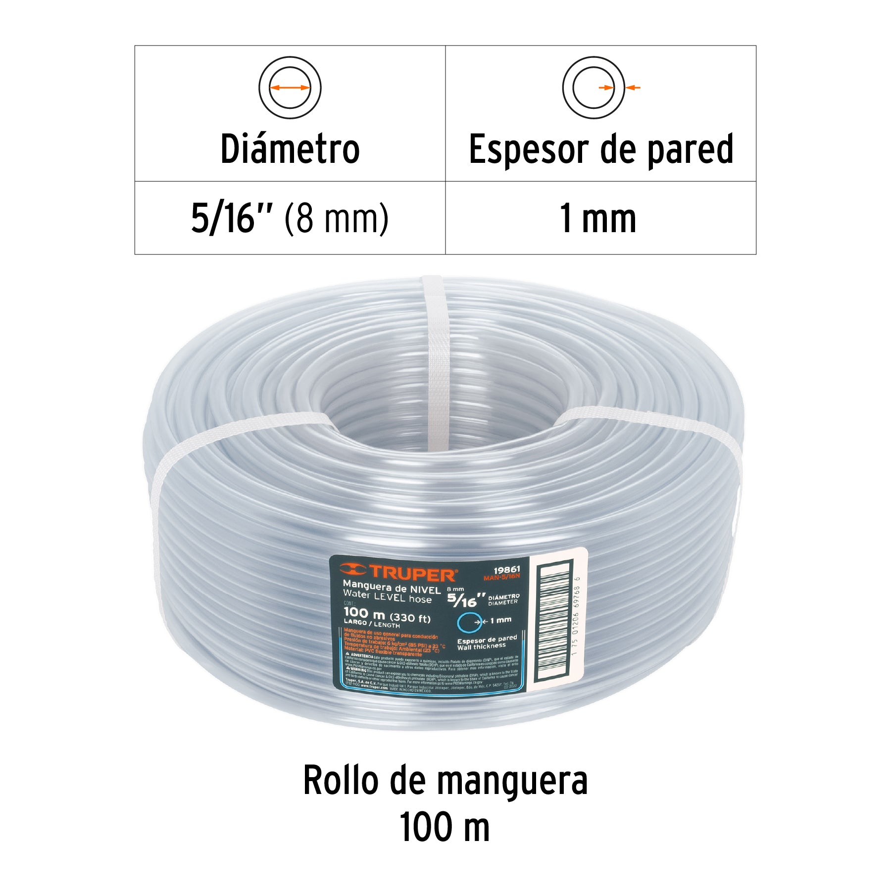 Metro de manguera 5/16" de nivel en rollo de 100 m, TRUPER