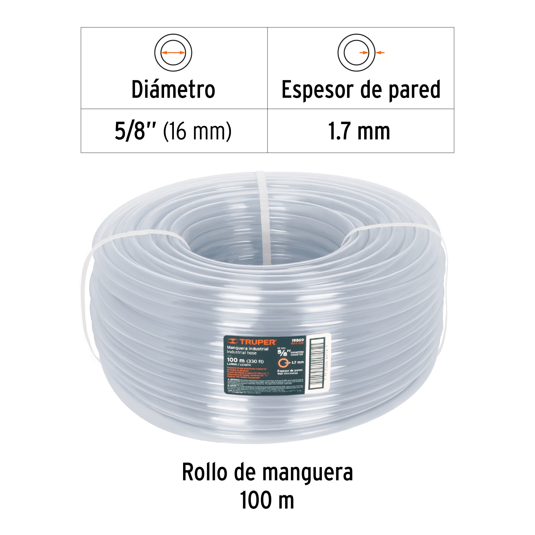 Metro de manguera 5/8" industrial en rollo de 100 m, TRUPER