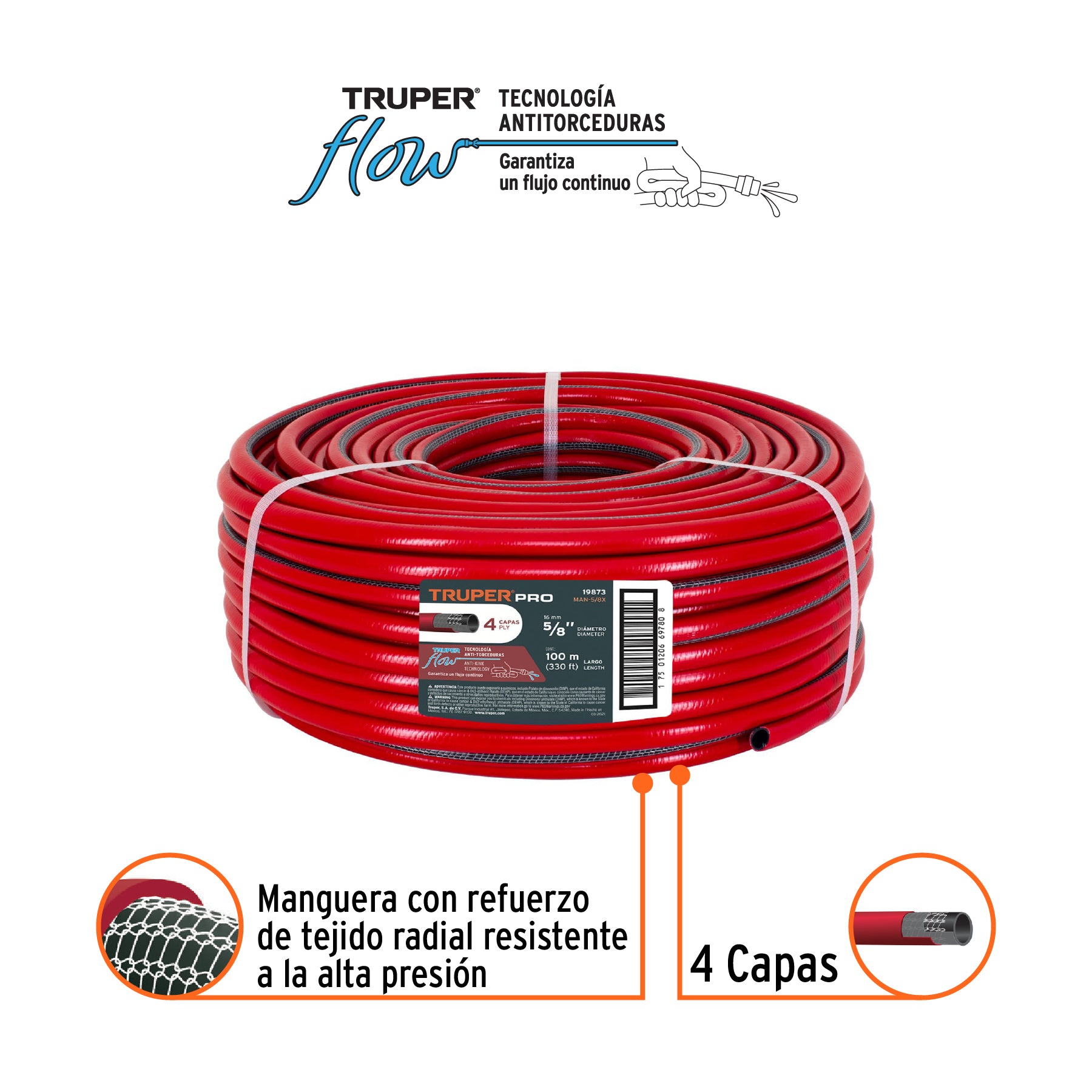 Metro de manguera 5/8" 4 capas en rollo de 100 m, TRUPER