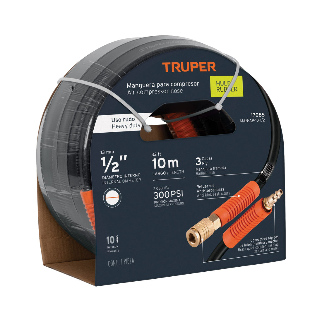 Manguera para compresor, de hule, 10m x 1/2", TRUPER
