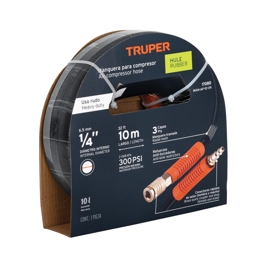 Manguera para compresor, de hule, 10m x 1/4", TRUPER