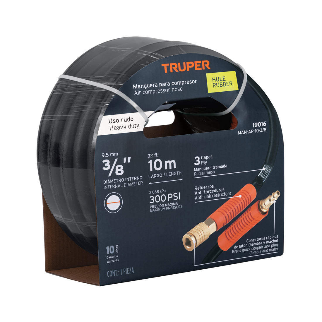 Manguera para compresor, de hule, 10m x 3/8", TRUPER