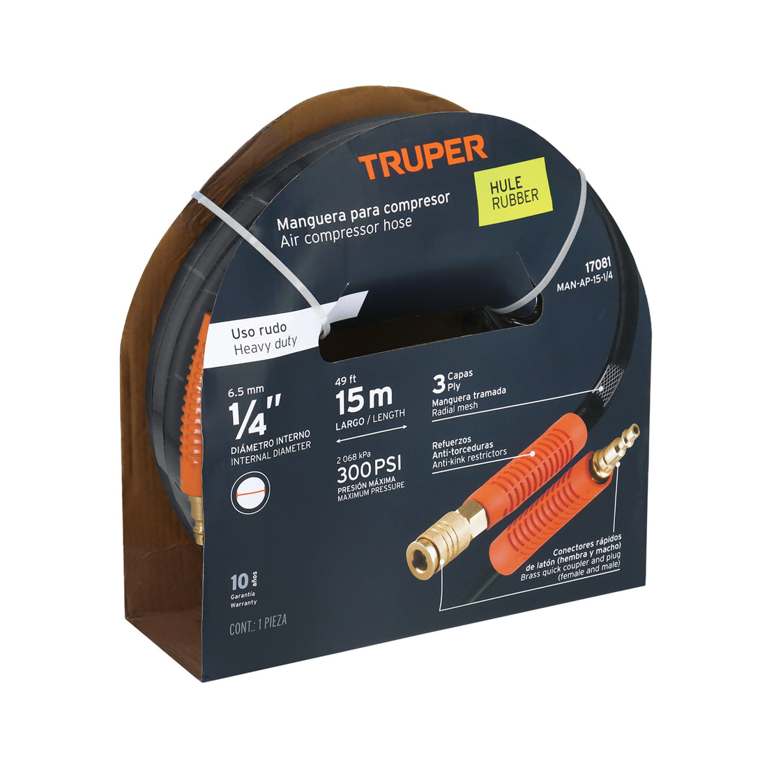 Manguera para compresor, de hule, 15m x 1/4", TRUPER