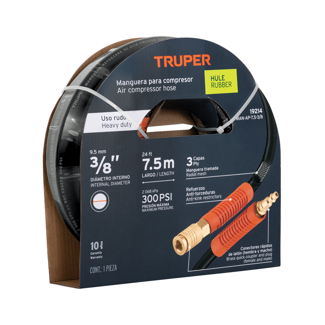 Manguera para compresor, de hule, 7.5m x 3/8", TRUPER