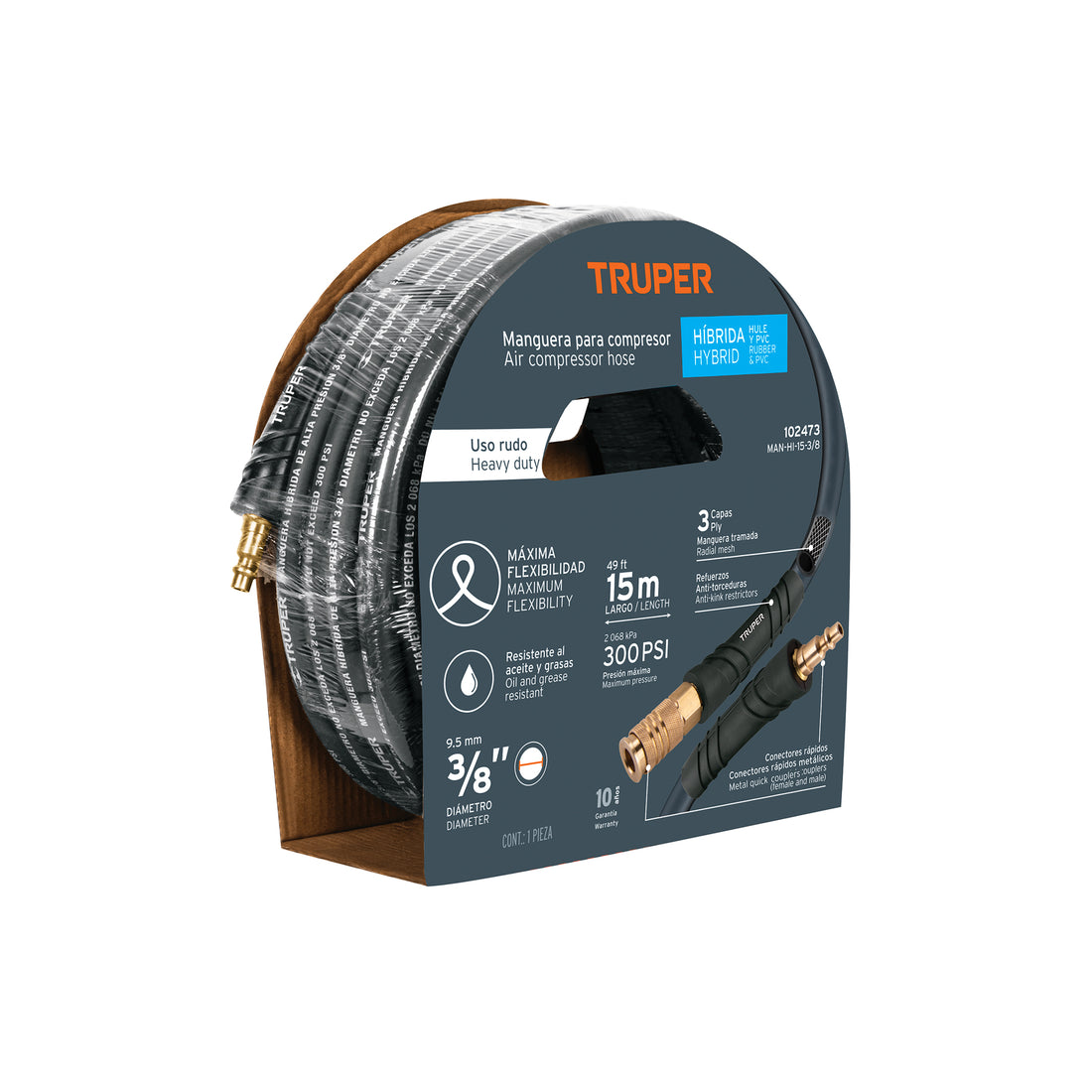 Manguera para compresor, híbrida, 15m x 3/8", TRUPER