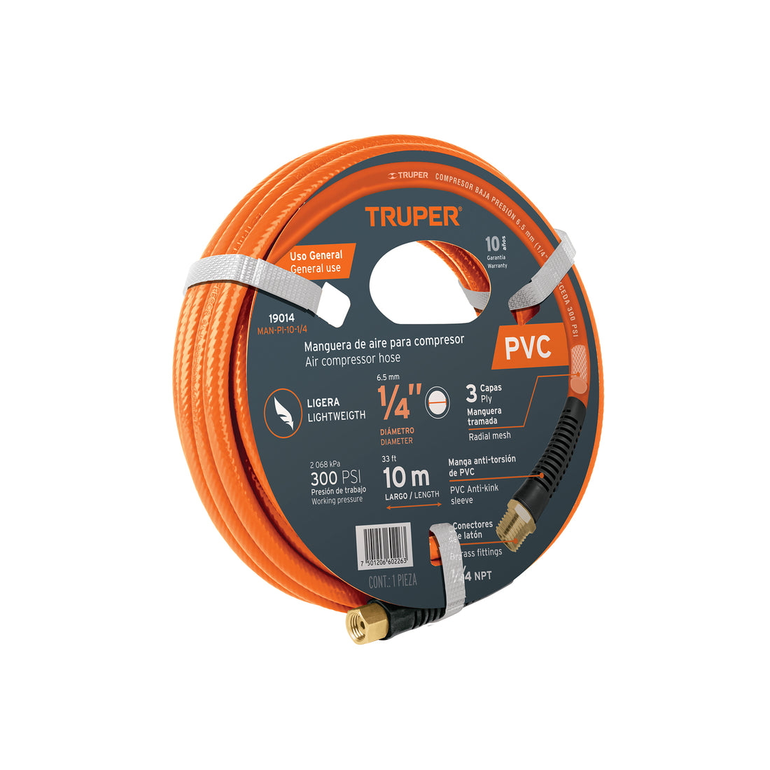 Manguera para compresor, de PVC, 10m x 1/4", TRUPER