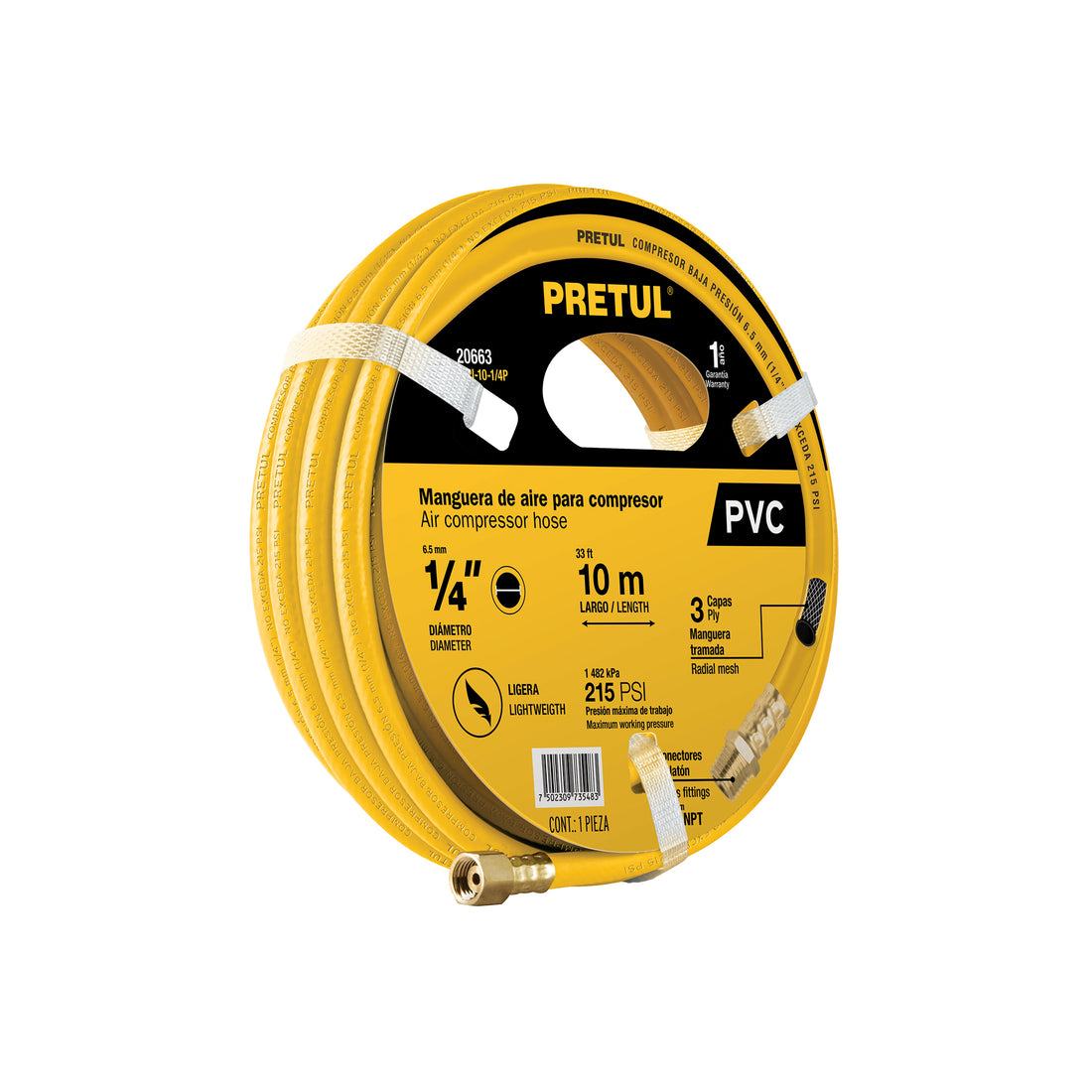 Manguera para compresor, de PVC, 10m x 1/4", PRETUL
