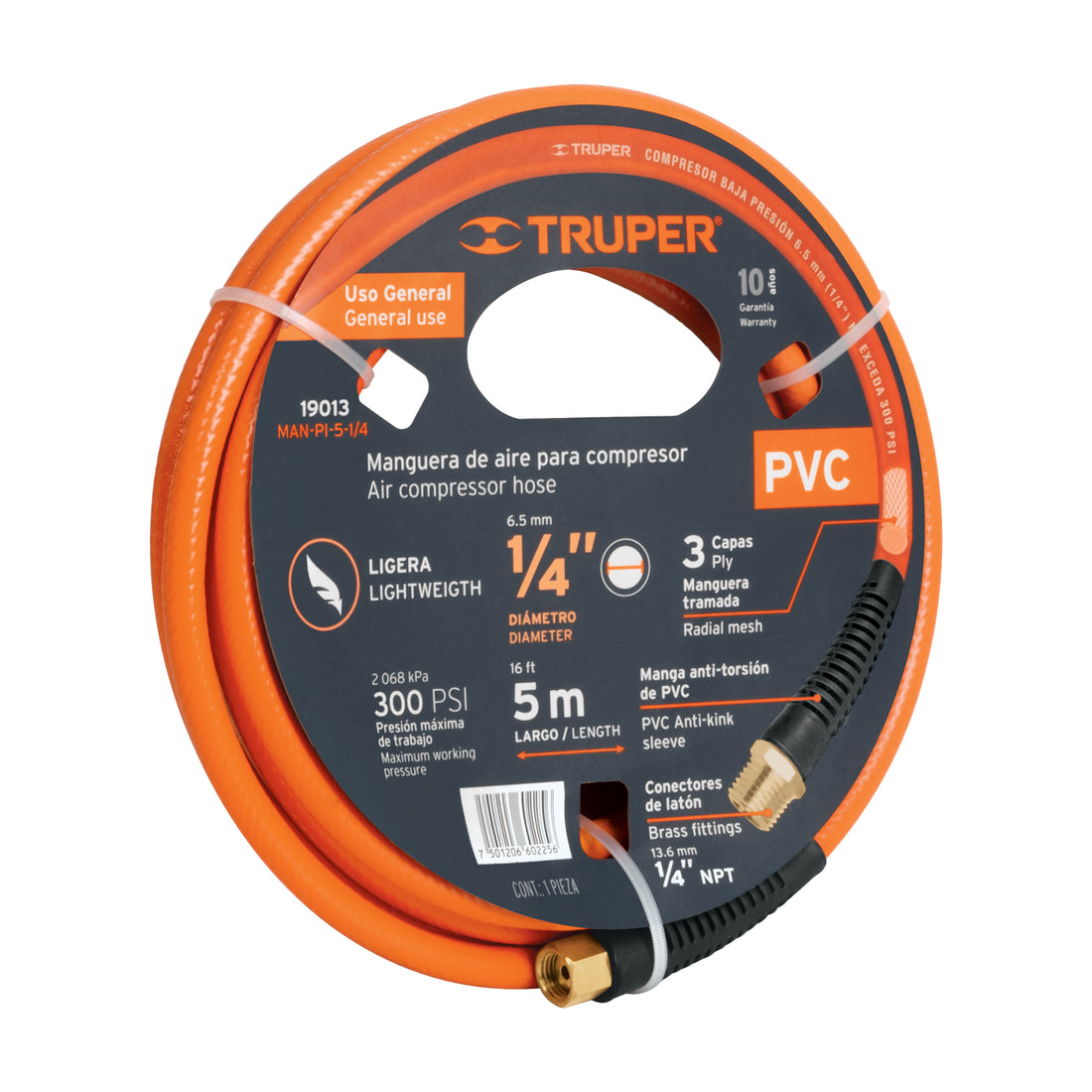 Manguera para compresor, de PVC, 5m x 1/4", TRUPER