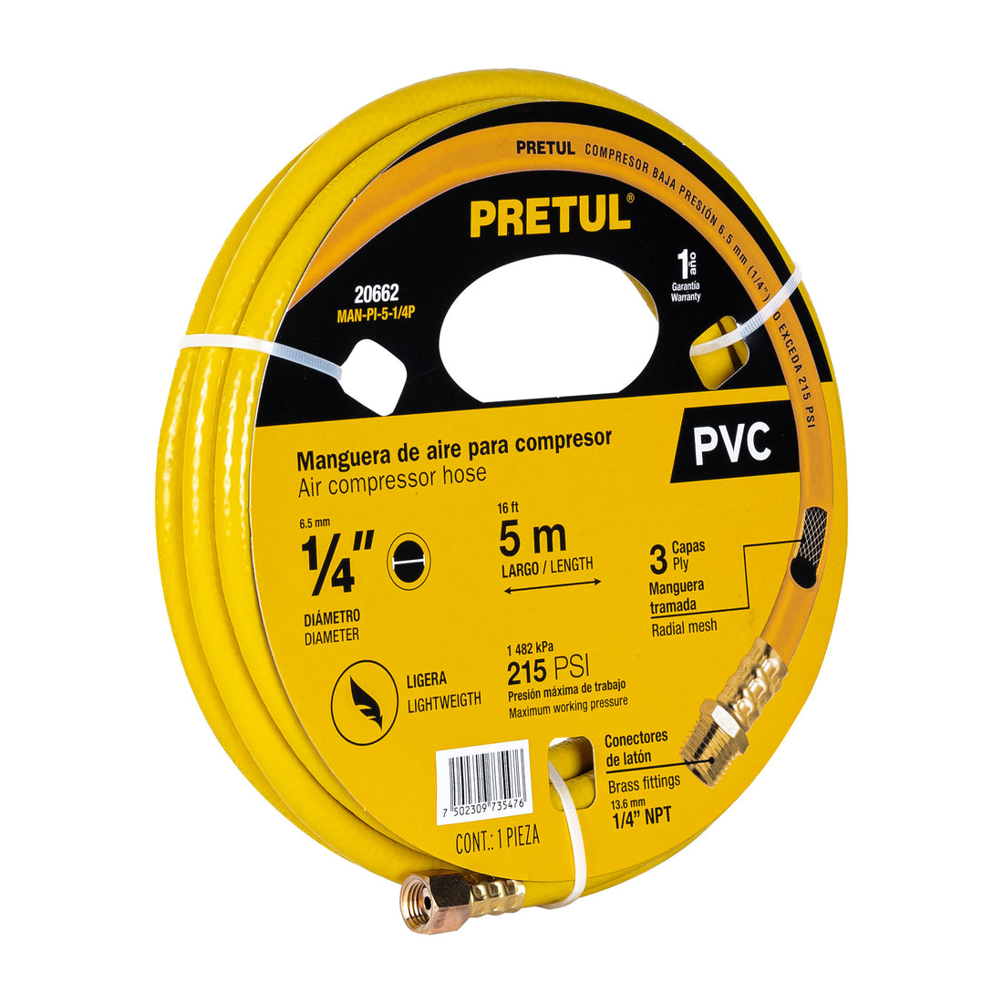 Manguera para compresor, de PVC, 5m x 1/4", PRETUL