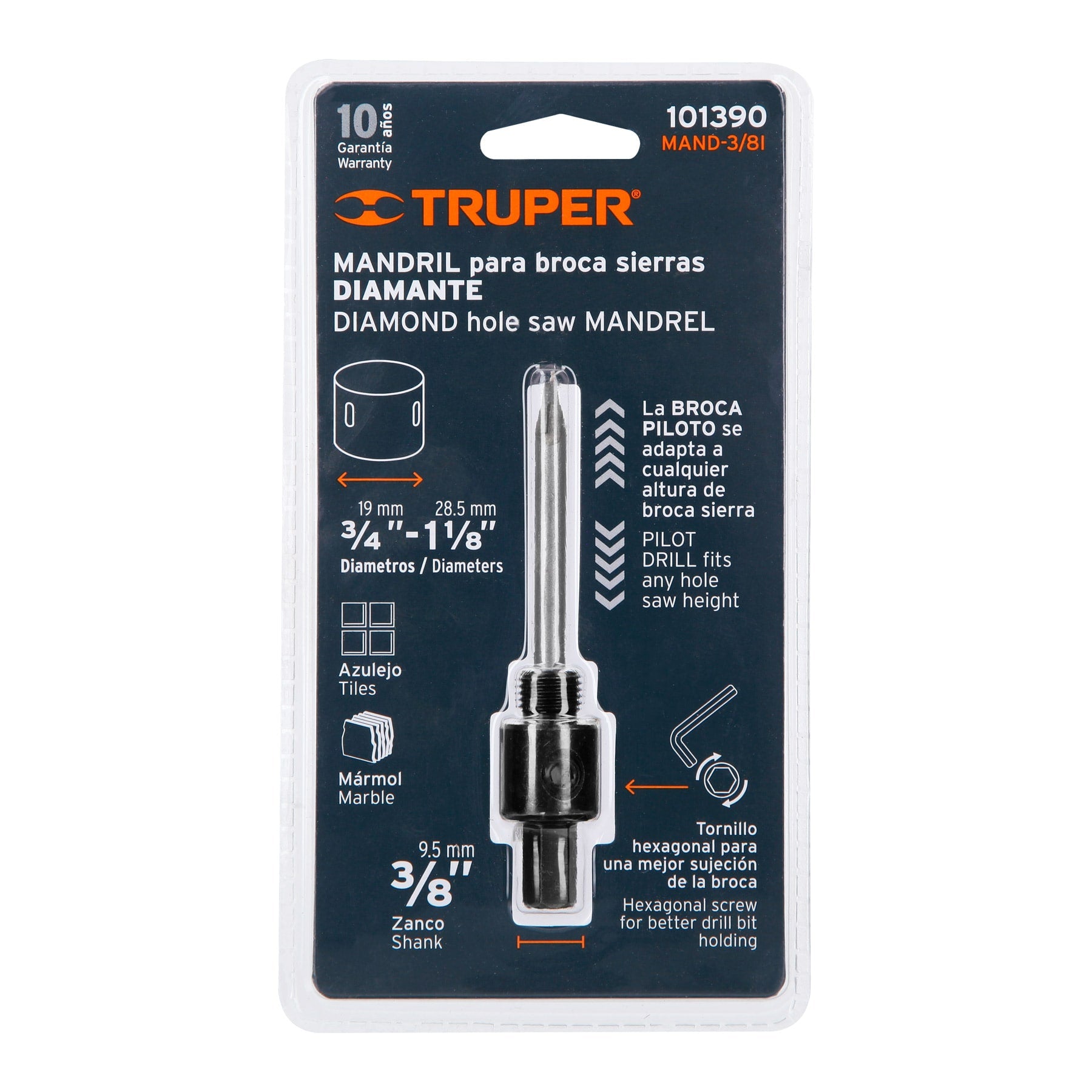 Mandril para brocasierra diamante con rosca 3/8", TRUPER