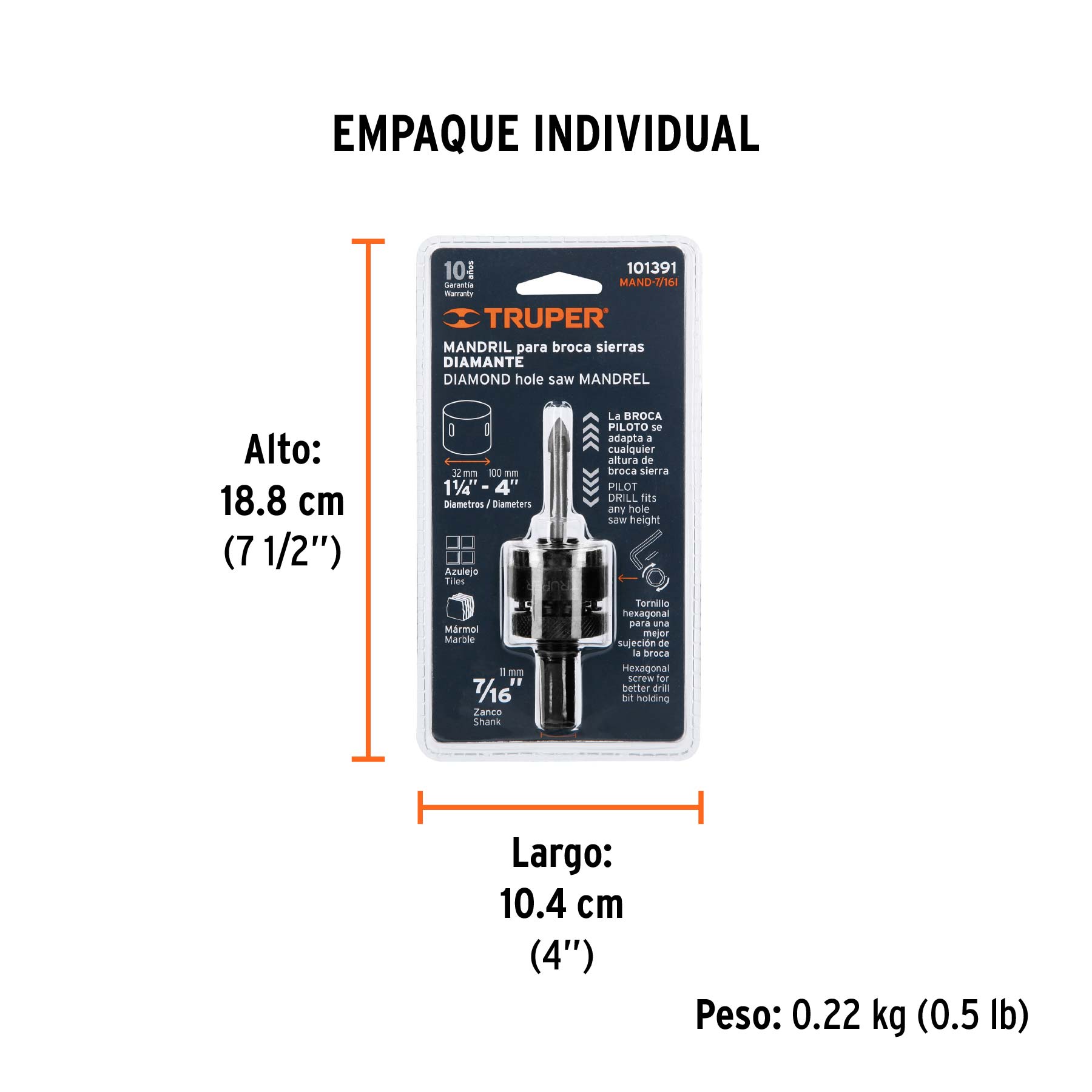 Mandril para brocasierra diamante con rosca 7/16", TRUPER - Empaque