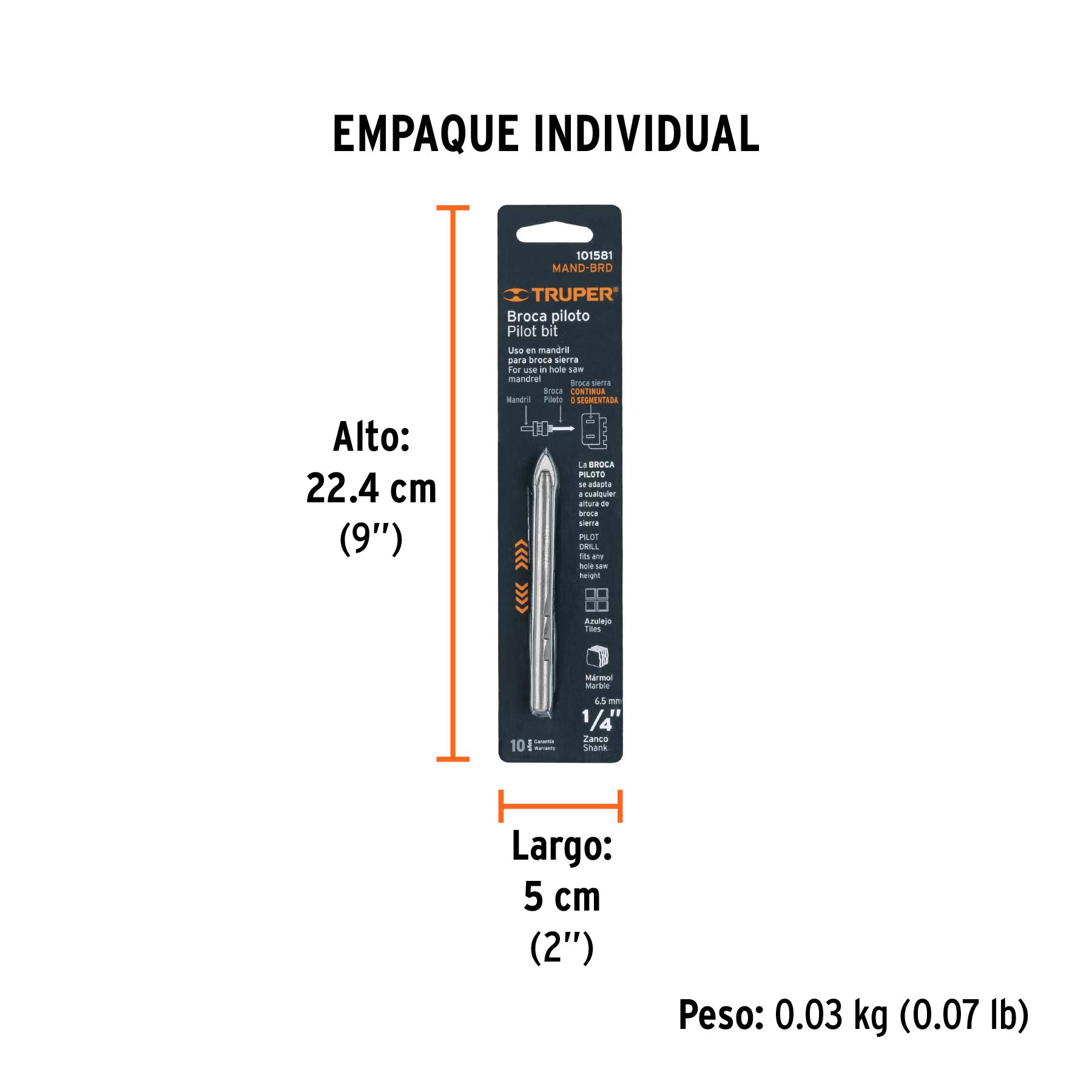 Broca piloto de 1/4" para brocasierras diamante, TRUPER - Empaque