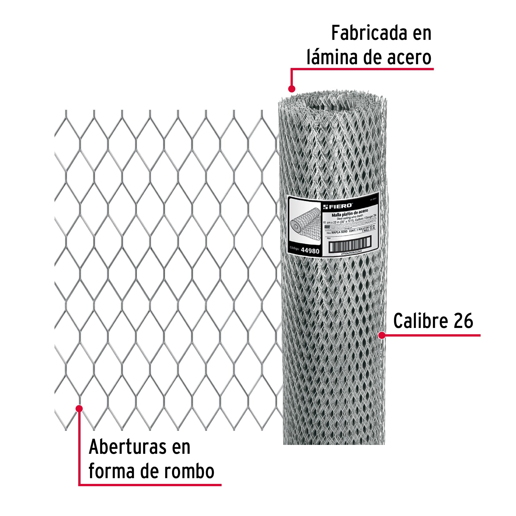 Rollo malla plafón 0.90 x 22m cal.26, abertura 10x25mm, 8kg