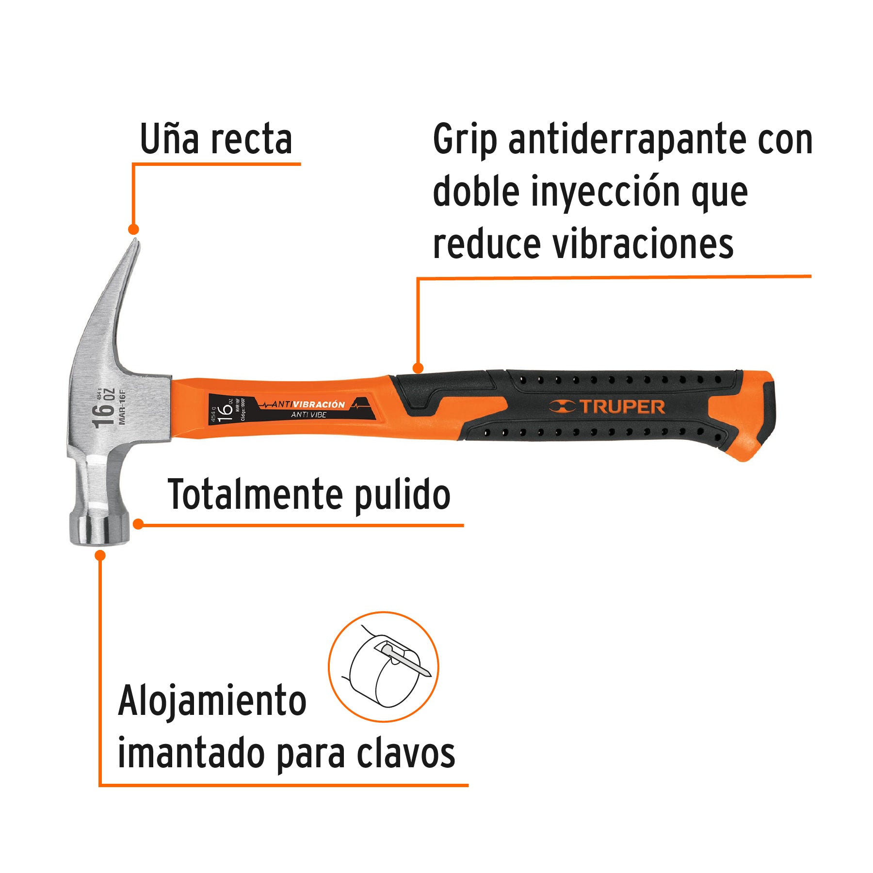 Martillo 16 oz uña recta, mango fibra de vidrio, TRUPER