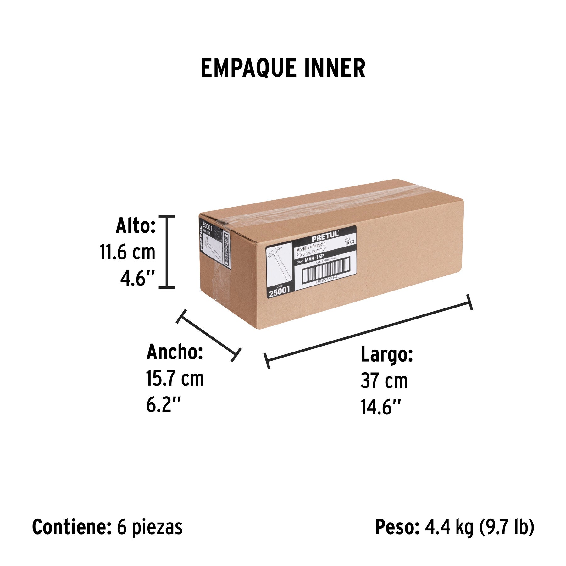 Martillo semipulido, 16 oz, uña recta, PRETUL - Empaque