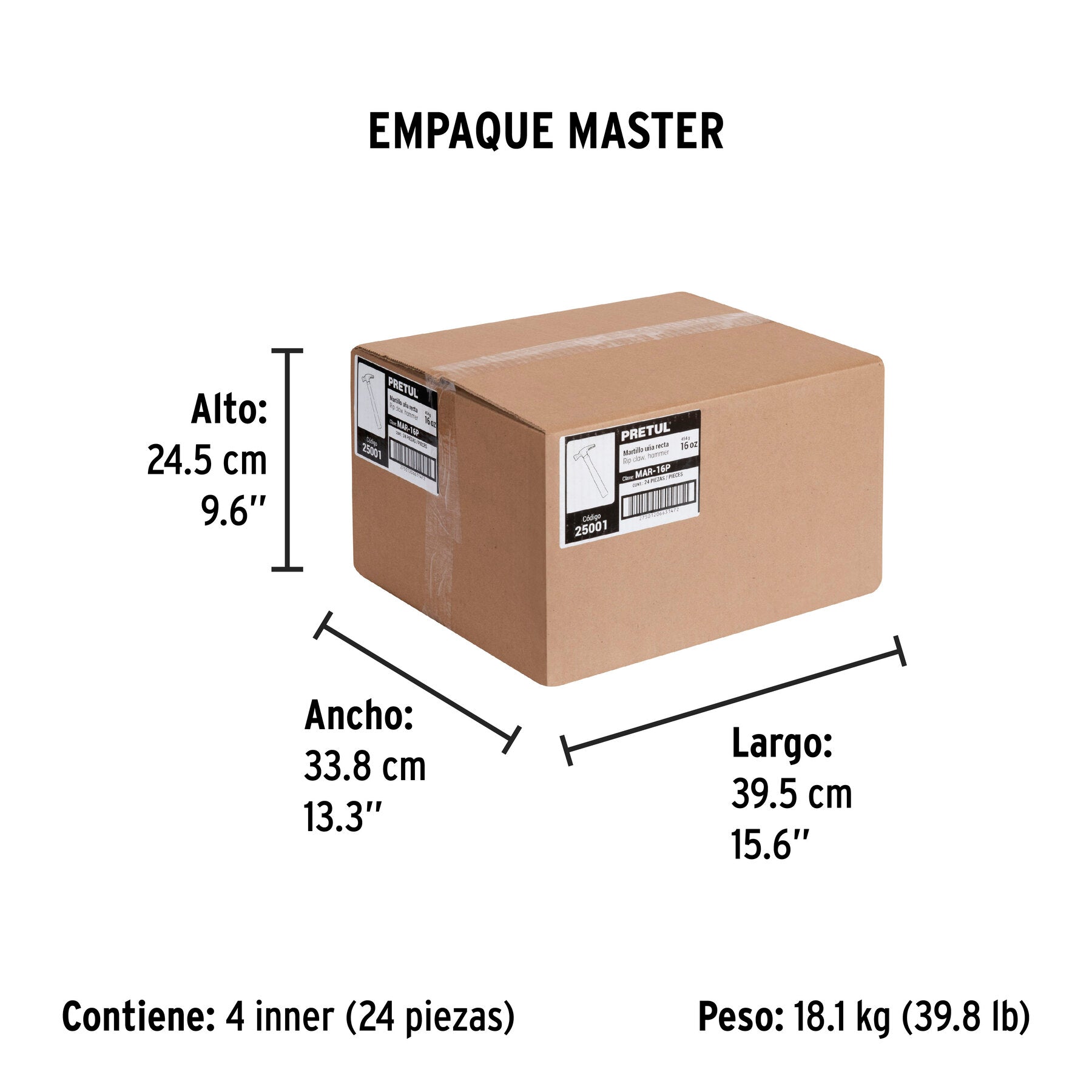 Martillo semipulido, 16 oz, uña recta, PRETUL - Empaque