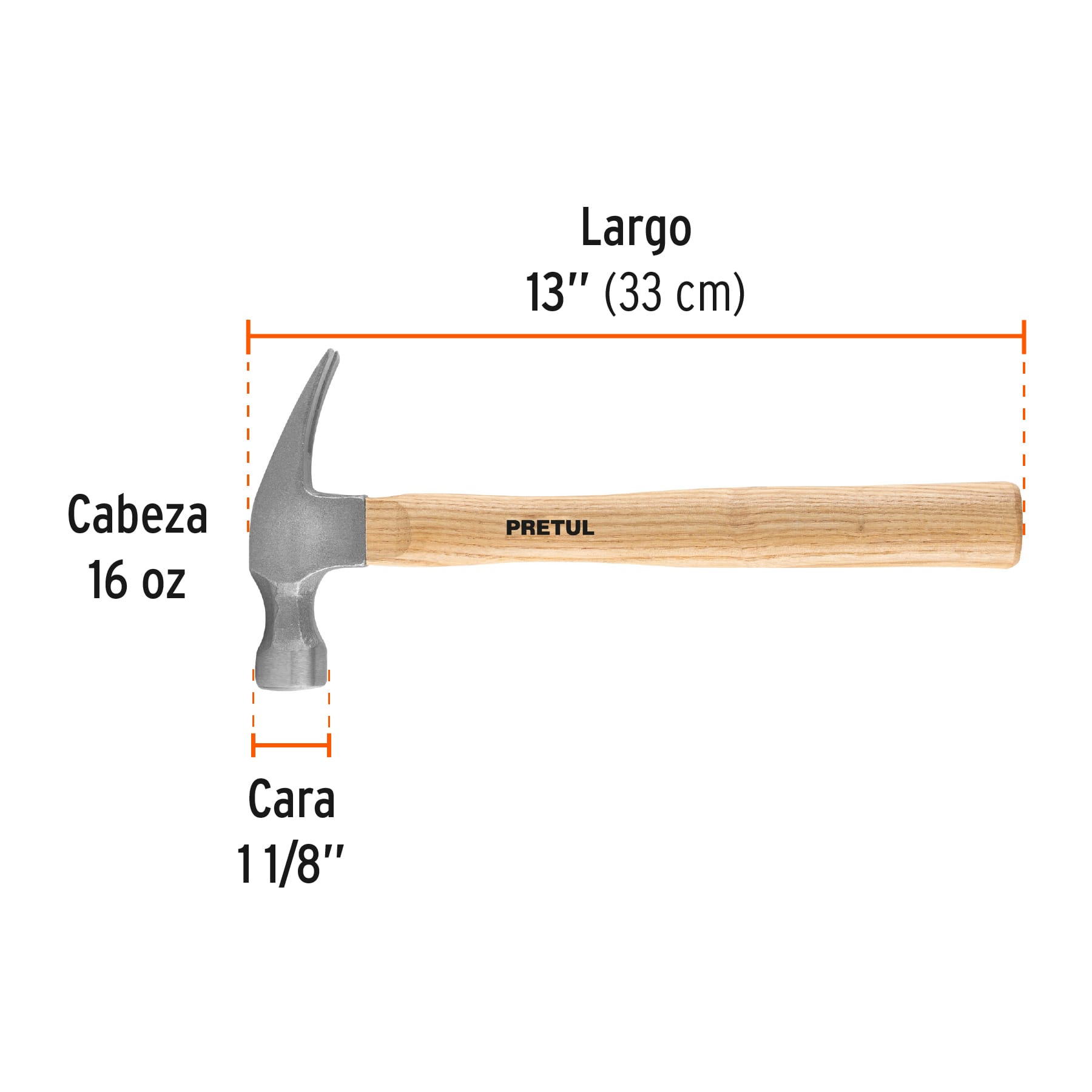 Martillo semipulido, 16 oz, uña recta, PRETUL