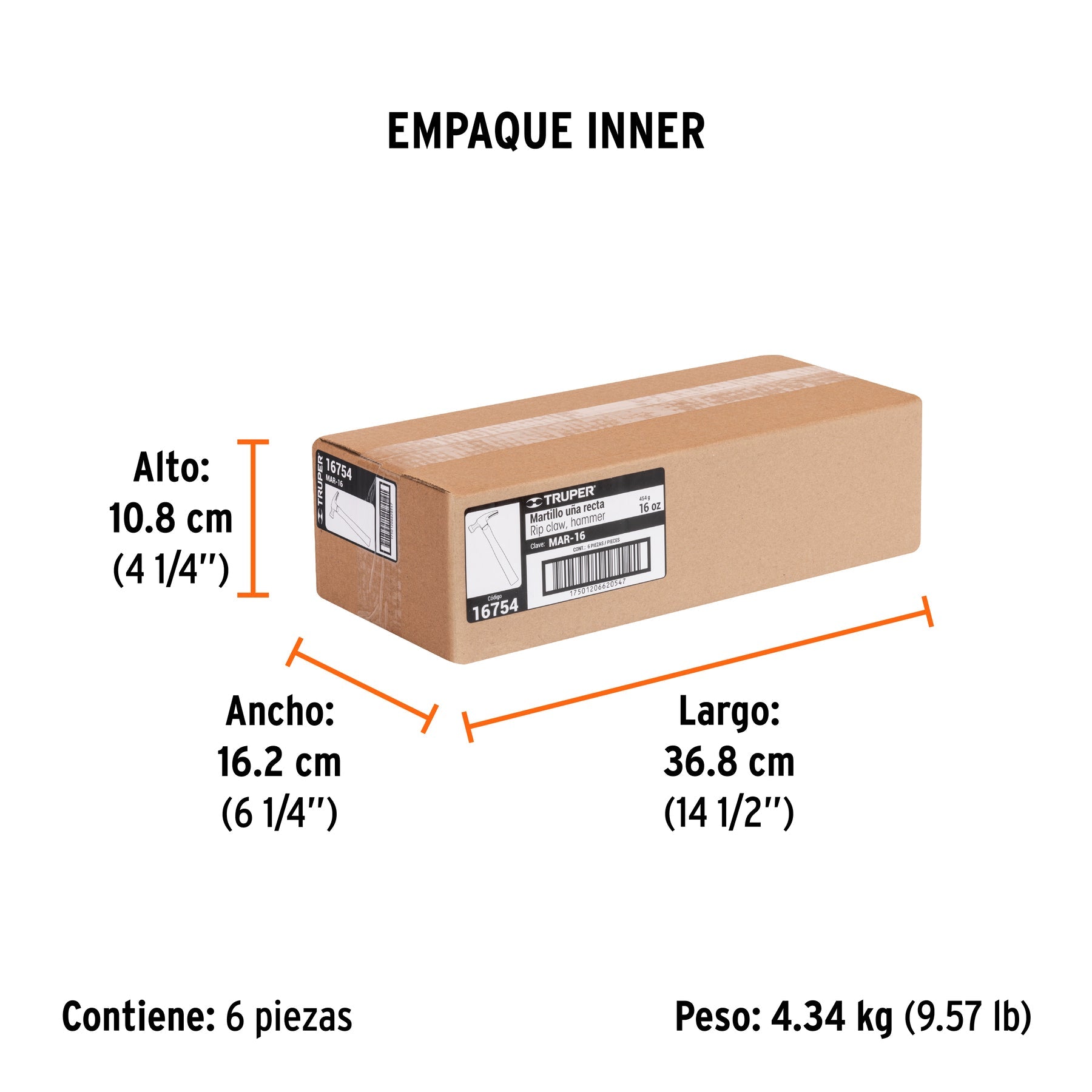 Martillo pulido, 16 oz, uña recta, mango madera, TRUPER - Empaque