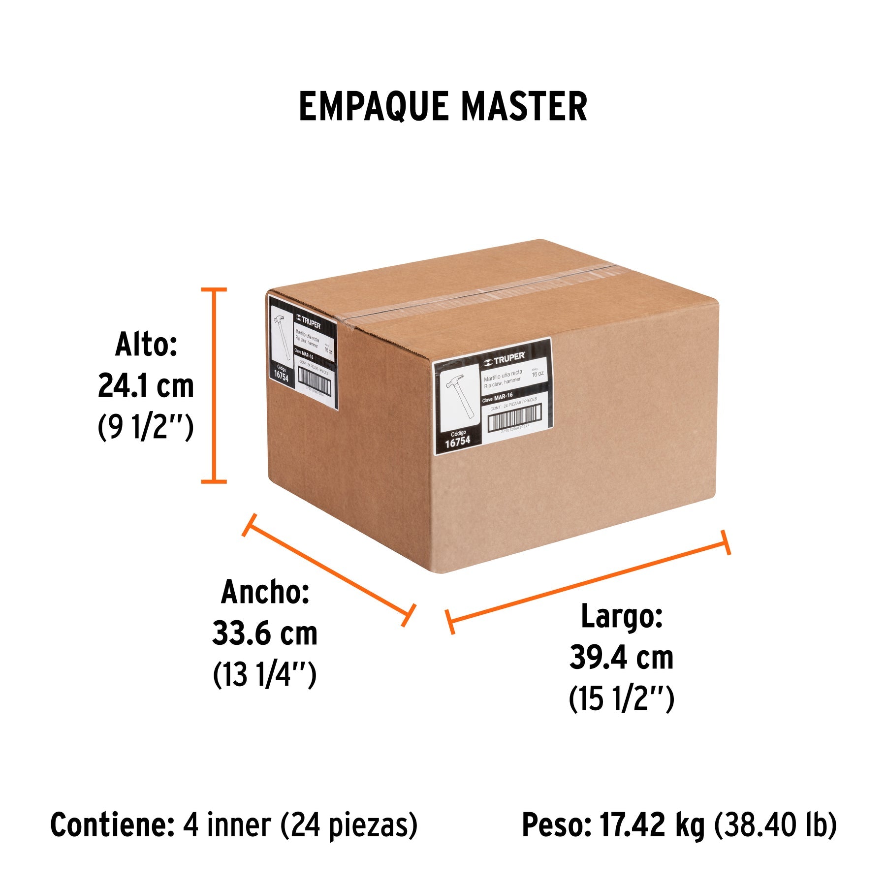 Martillo pulido, 16 oz, uña recta, mango madera, TRUPER - Empaque