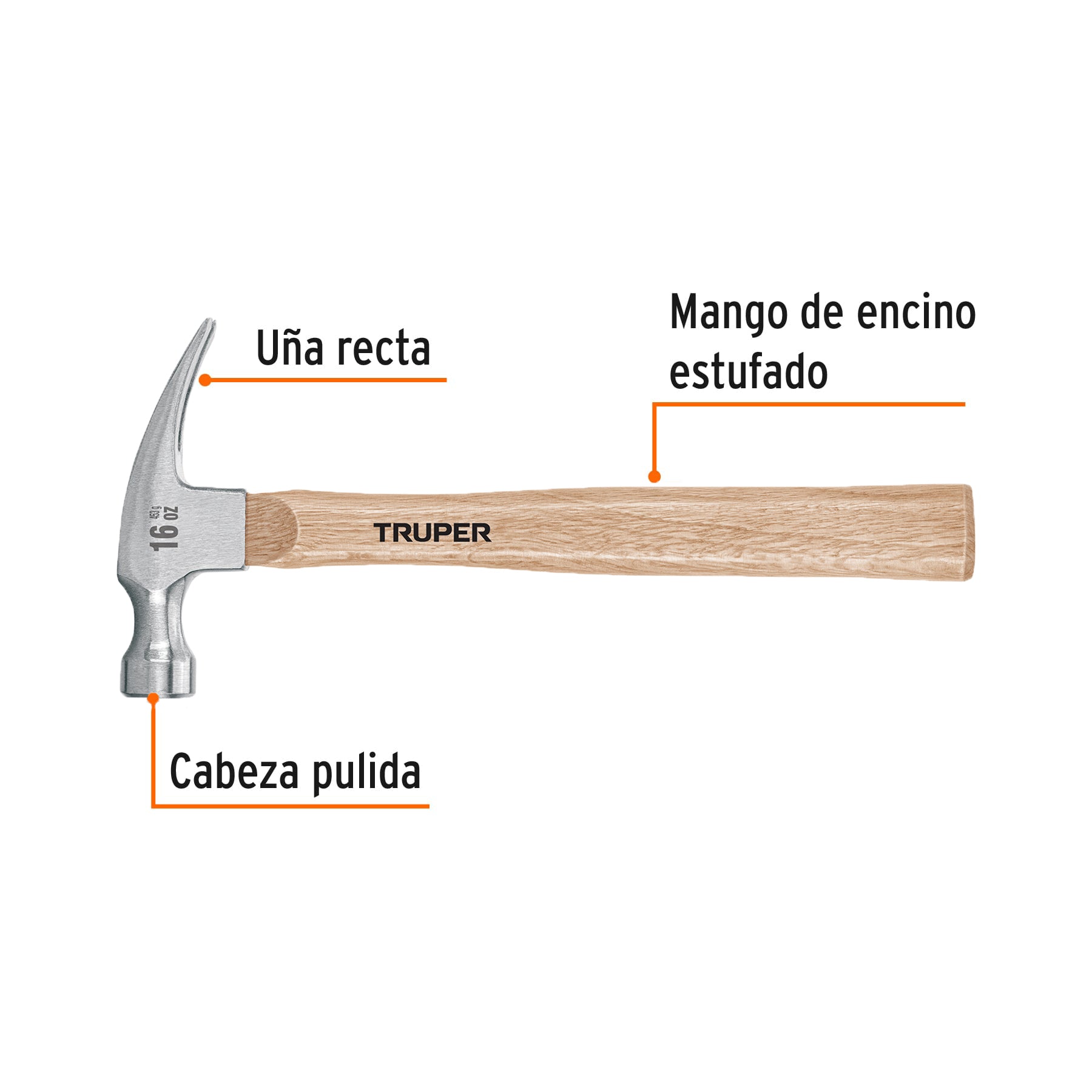 Martillo pulido, 16 oz, uña recta, mango madera, TRUPER