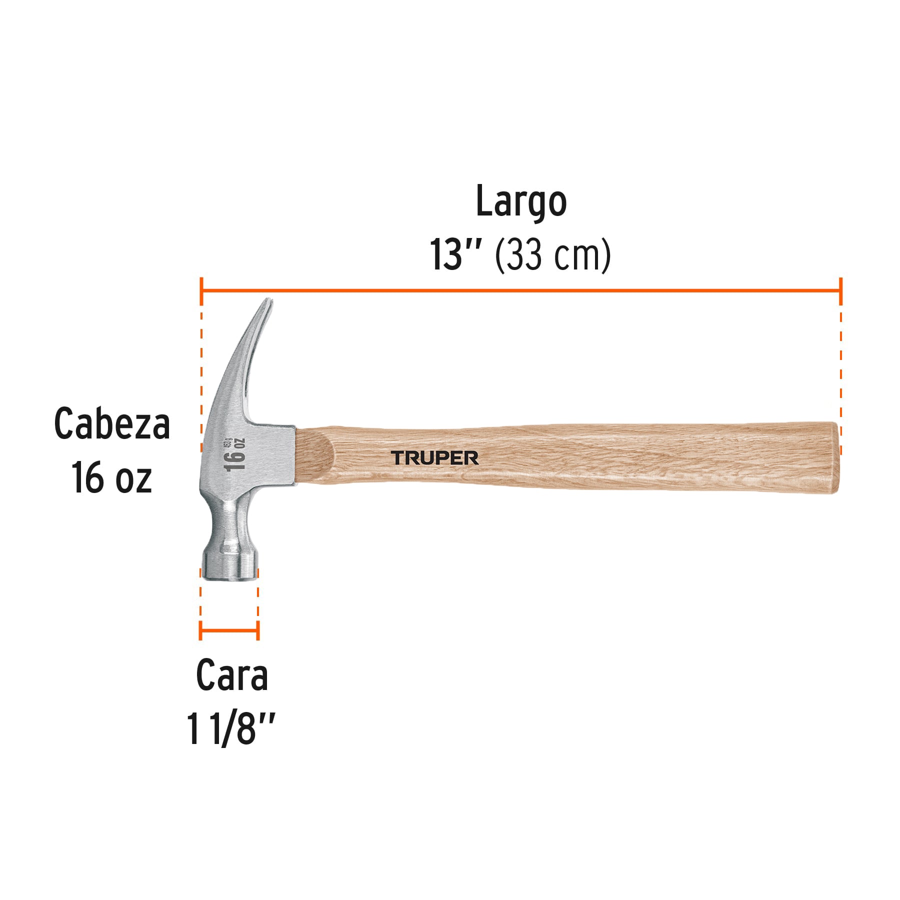 Martillo pulido, 16 oz, uña recta, mango madera, TRUPER
