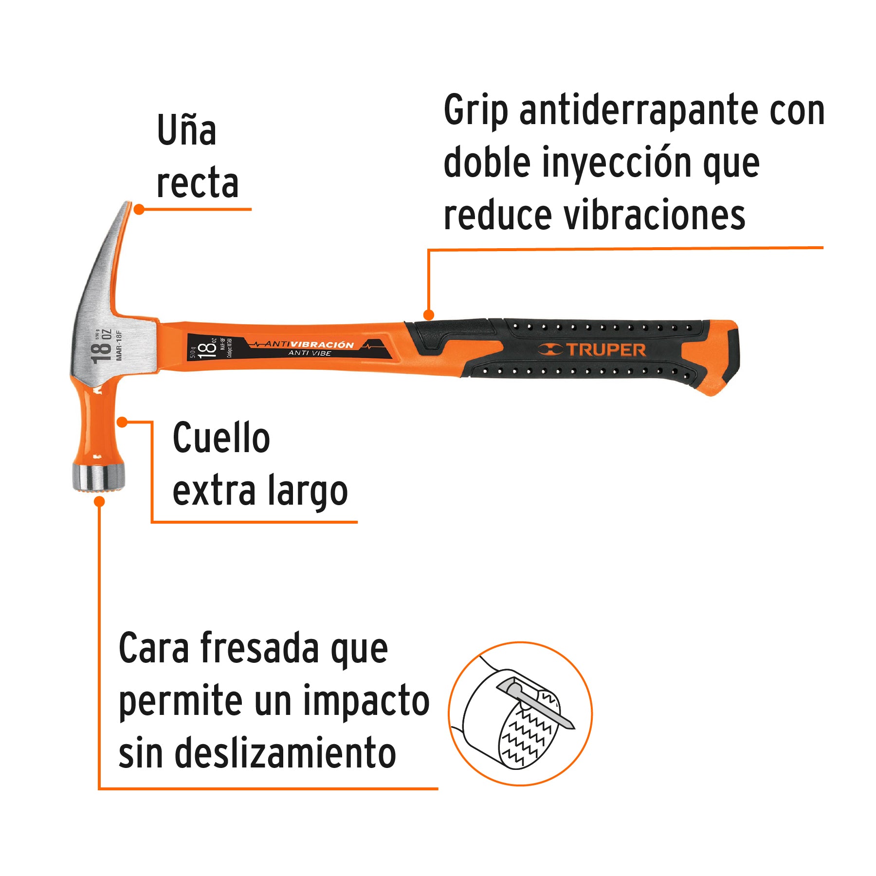 Martillo 18 oz uña recta, mango fibra de vidrio, TRUPER