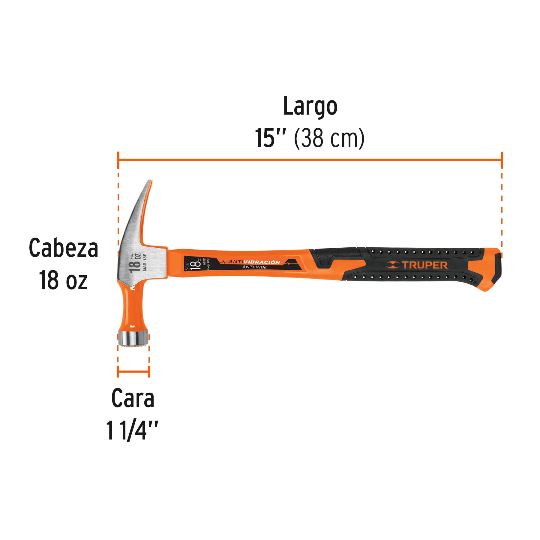 Martillo 18 oz uña recta, mango fibra de vidrio, TRUPER