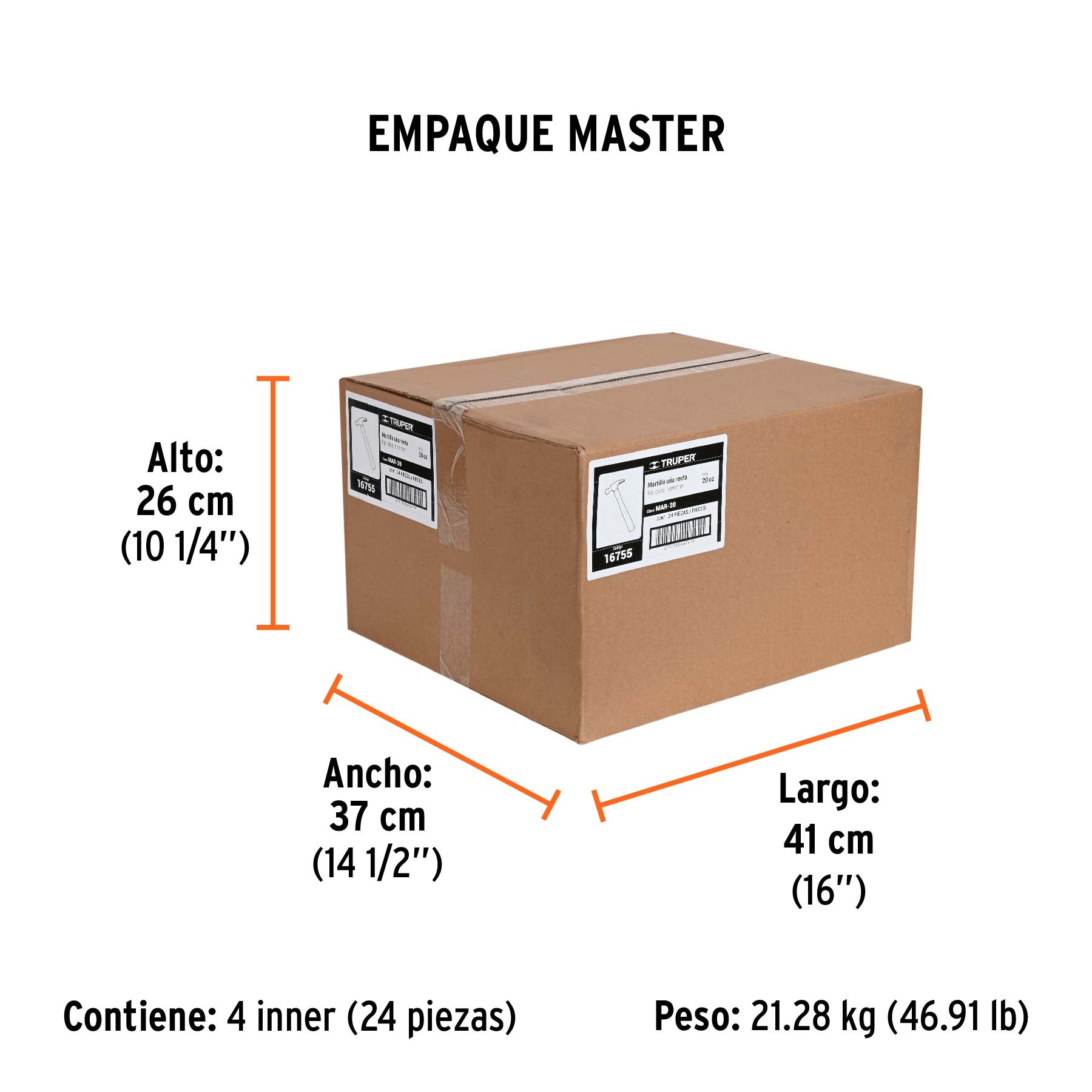Martillo pulido, 20 oz, uña recta, mango madera, TRUPER - Empaque