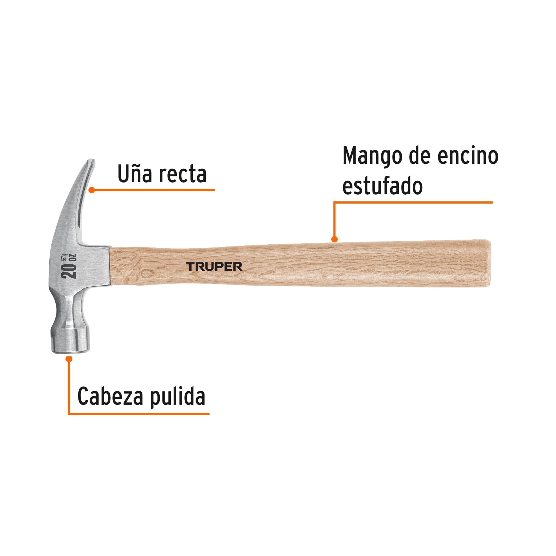 Martillo pulido, 20 oz, uña recta, mango madera, TRUPER