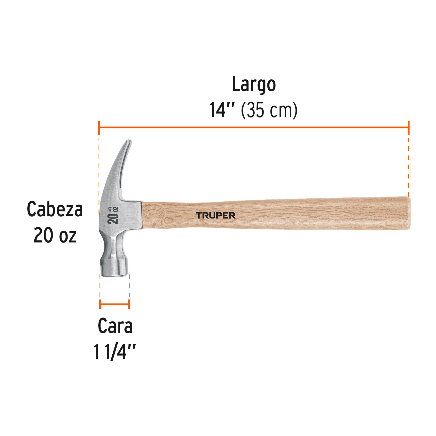 Martillo pulido, 20 oz, uña recta, mango madera, TRUPER