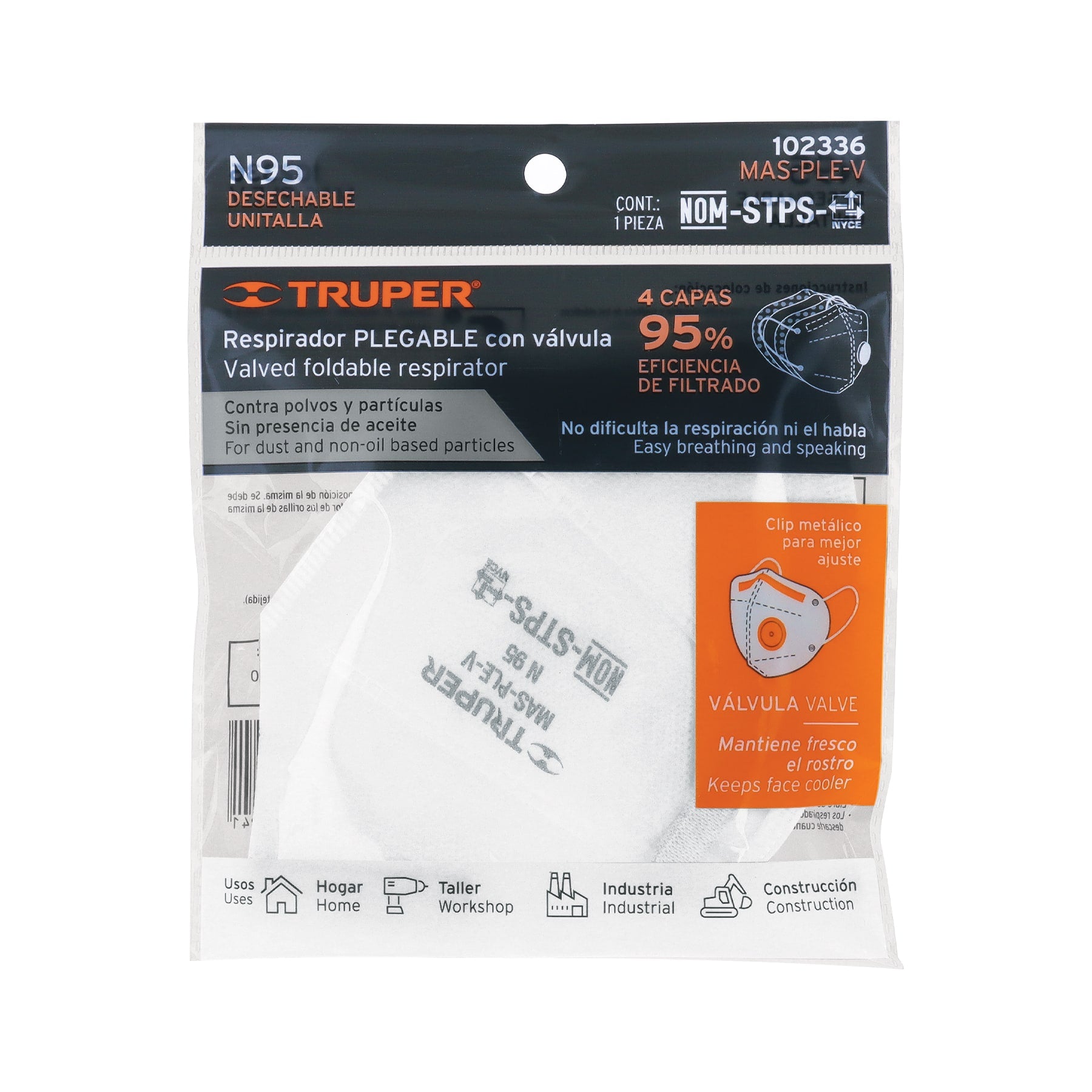 Respirador plegable N95 con válvula para partículas, TRUPER