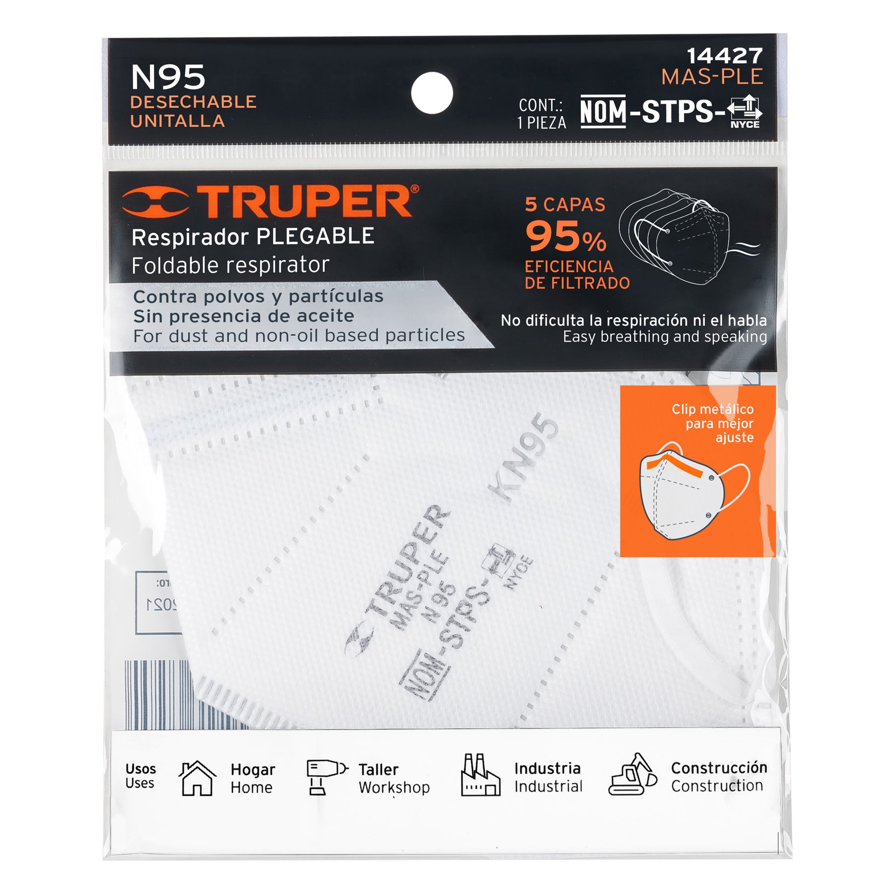 Respirador plegable N95, para polvos y partículas, TRUPER