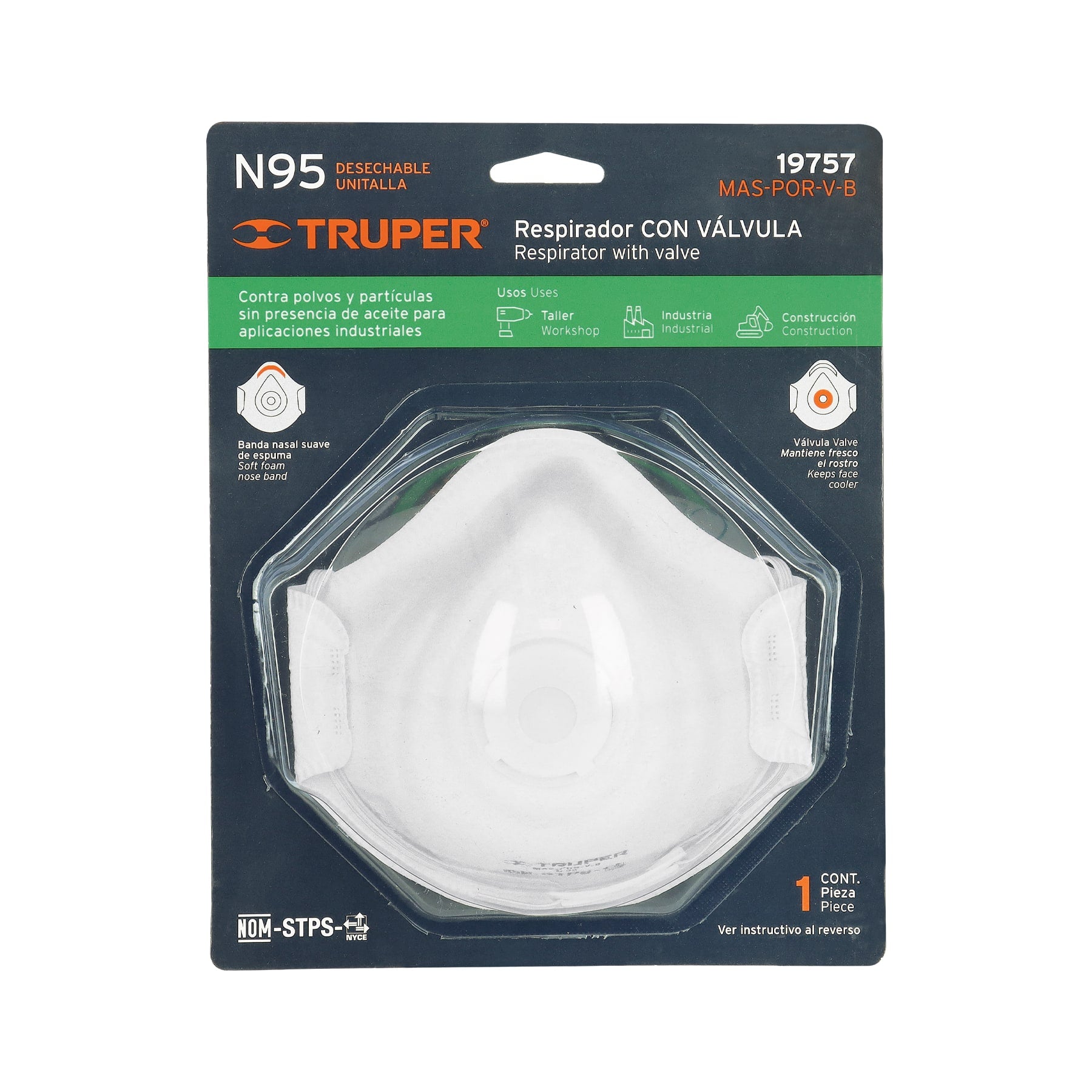 Respirador N95 con válvula para polvos y partículas, TRUPER