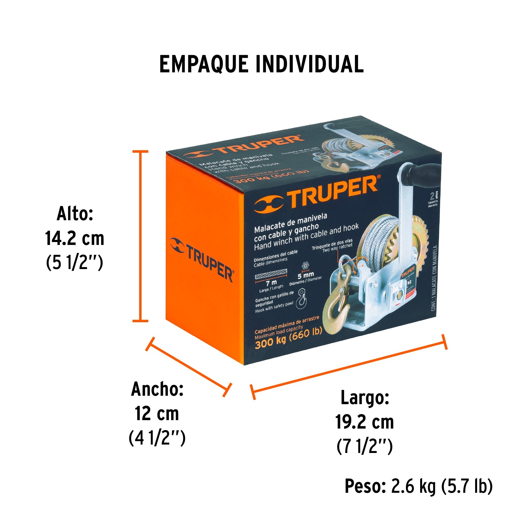 Malacate de manivela 300 kg con cable, TRUPER - Empaque