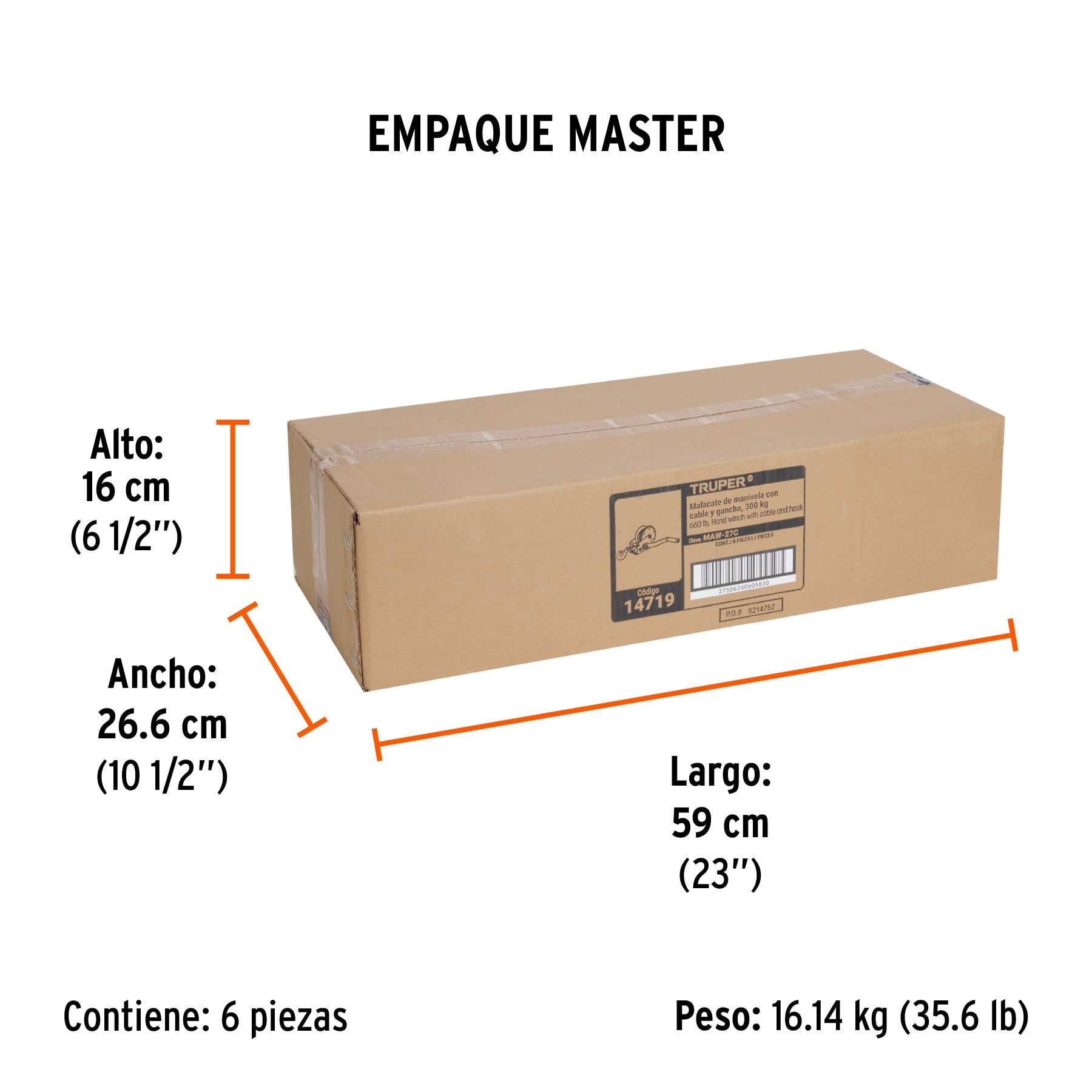 Malacate de manivela 300 kg con cable, TRUPER - Empaque