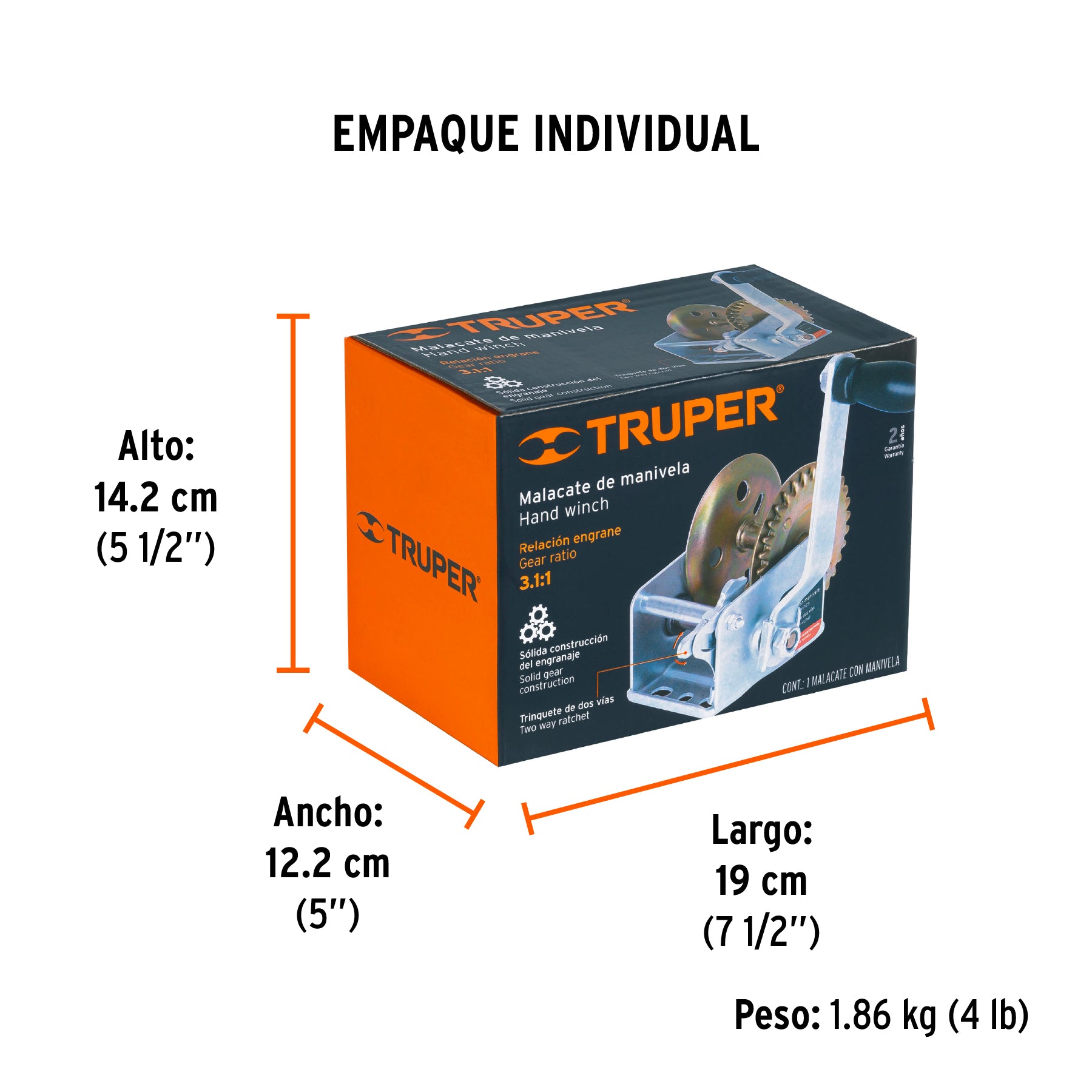 Malacate de manivela 270 kg sin cable, TRUPER - Empaque